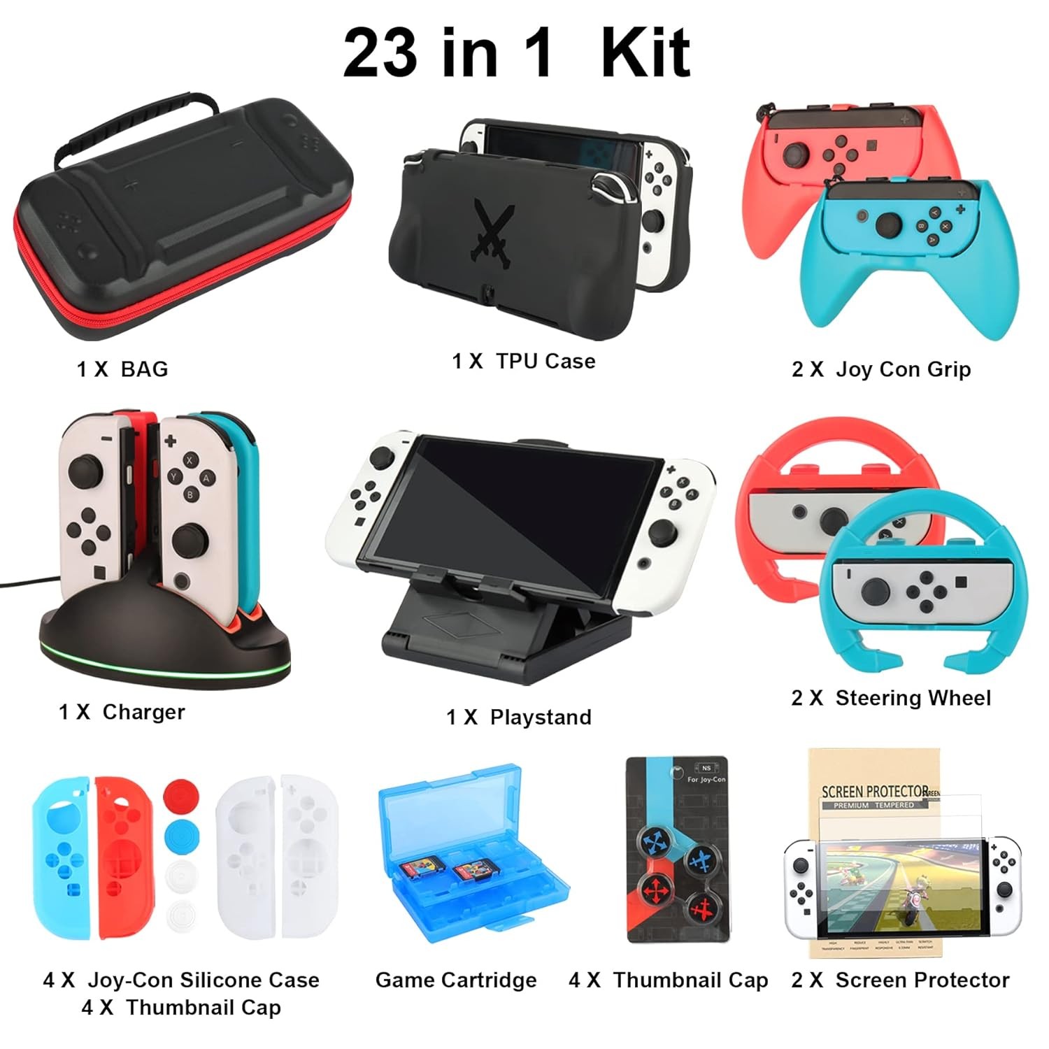 23-in-1 Accessories Bundle for Nintendo Switch with Case, Wheels, and More