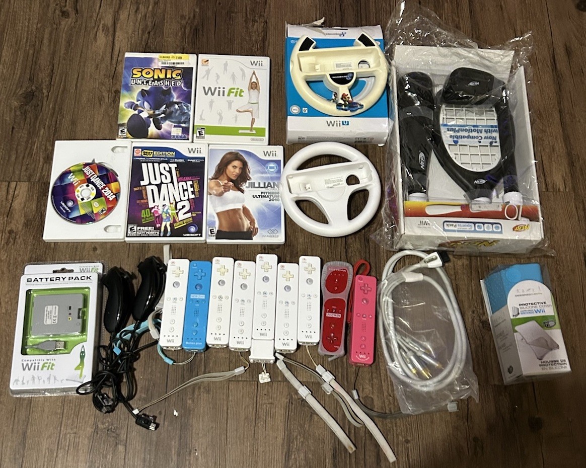 Huge Nintendo Wii Accessory Bundle,Remotes, MotionPlus,Wheels, Sports Pack,Games