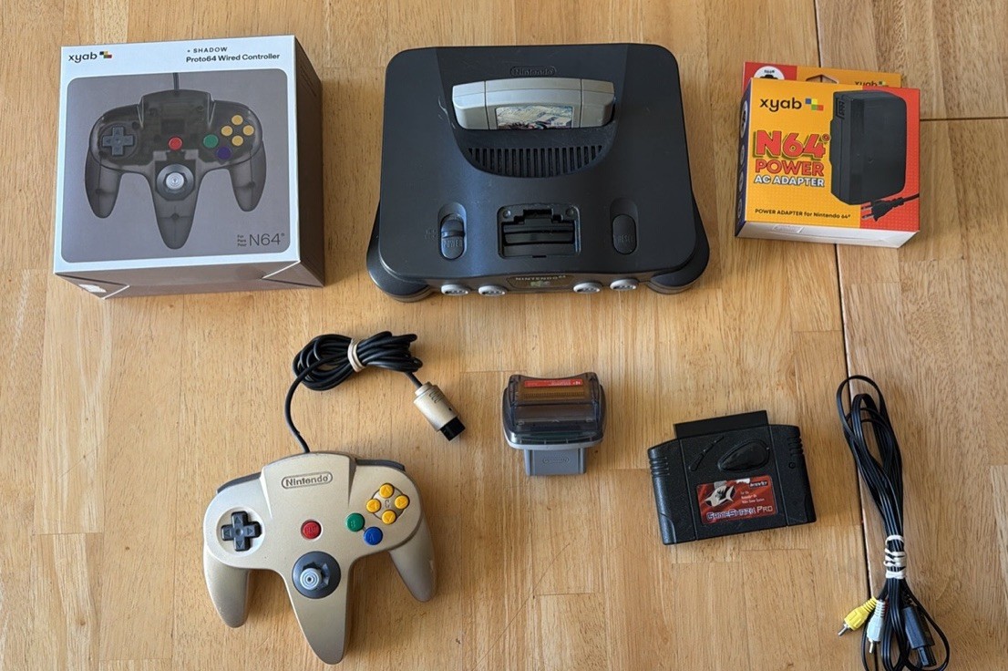 Nintendo 64 Console Bundle w/ OEM Gold Controller, GameShark Pro, Transfer Pack