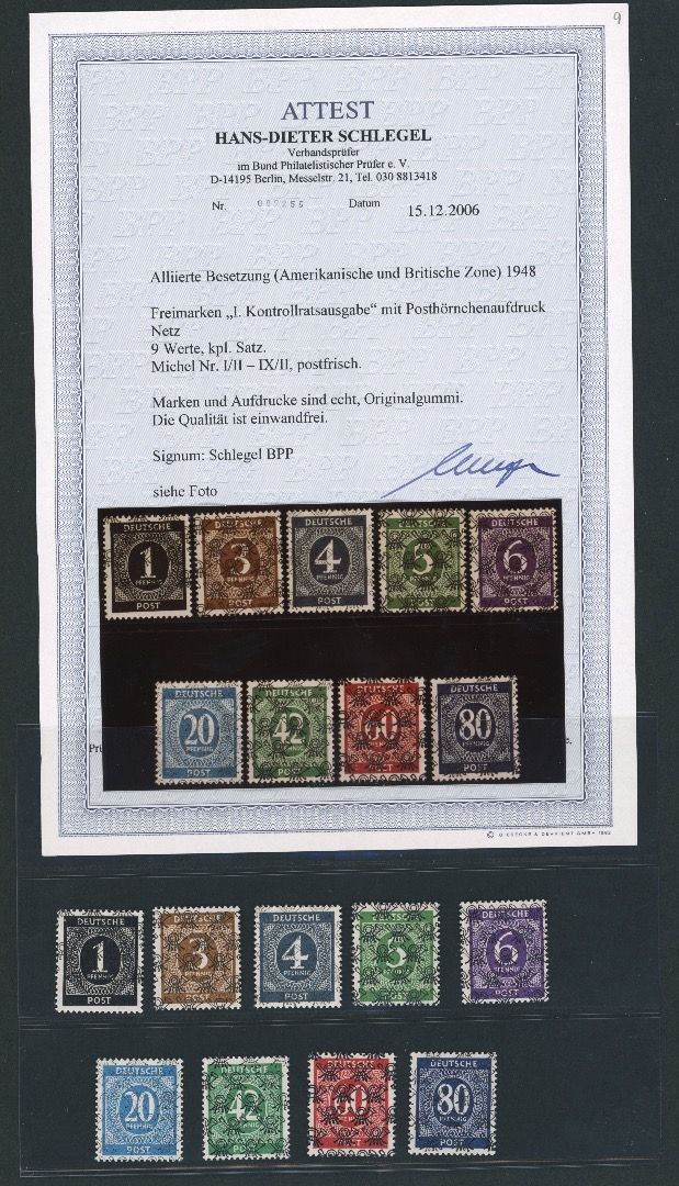 Allied occupation BiZone Michel number I/II – IX/II mint certificate