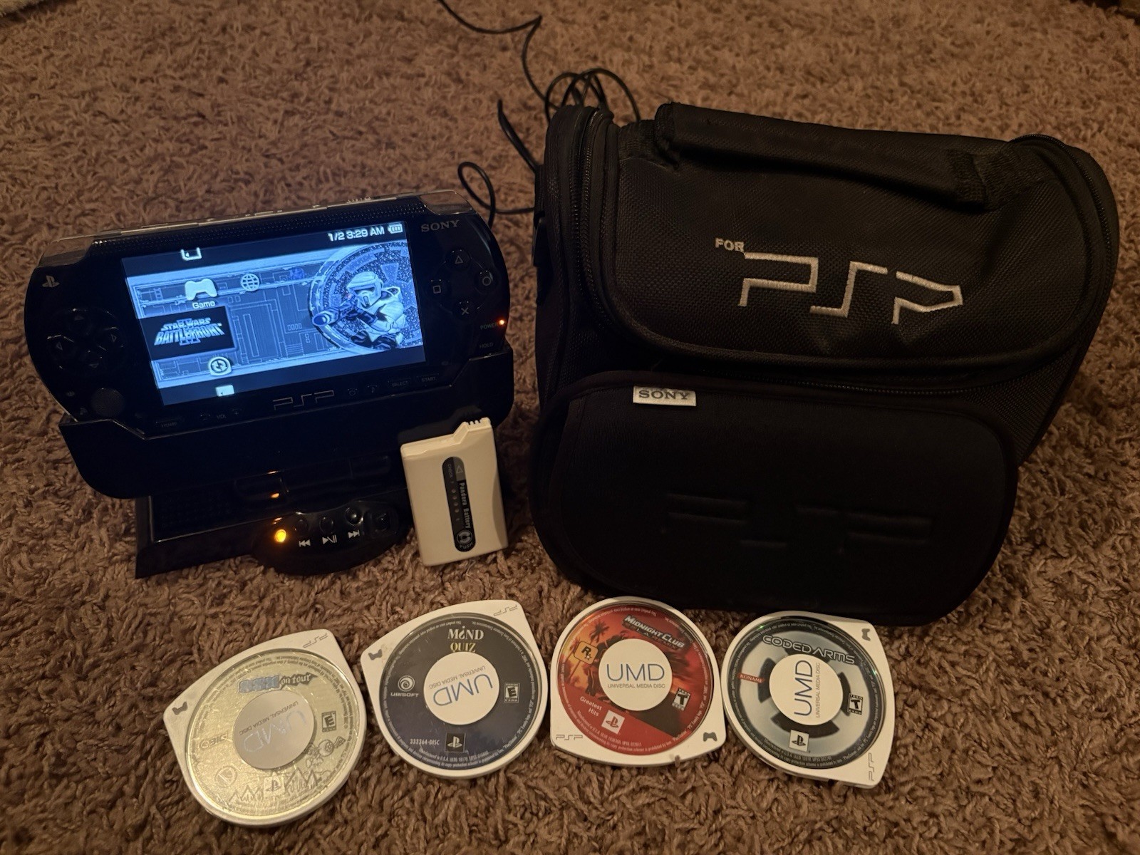 Sony PSP-1001 PlayStation Portable Black Bundle w/ Dock, Case, Games +