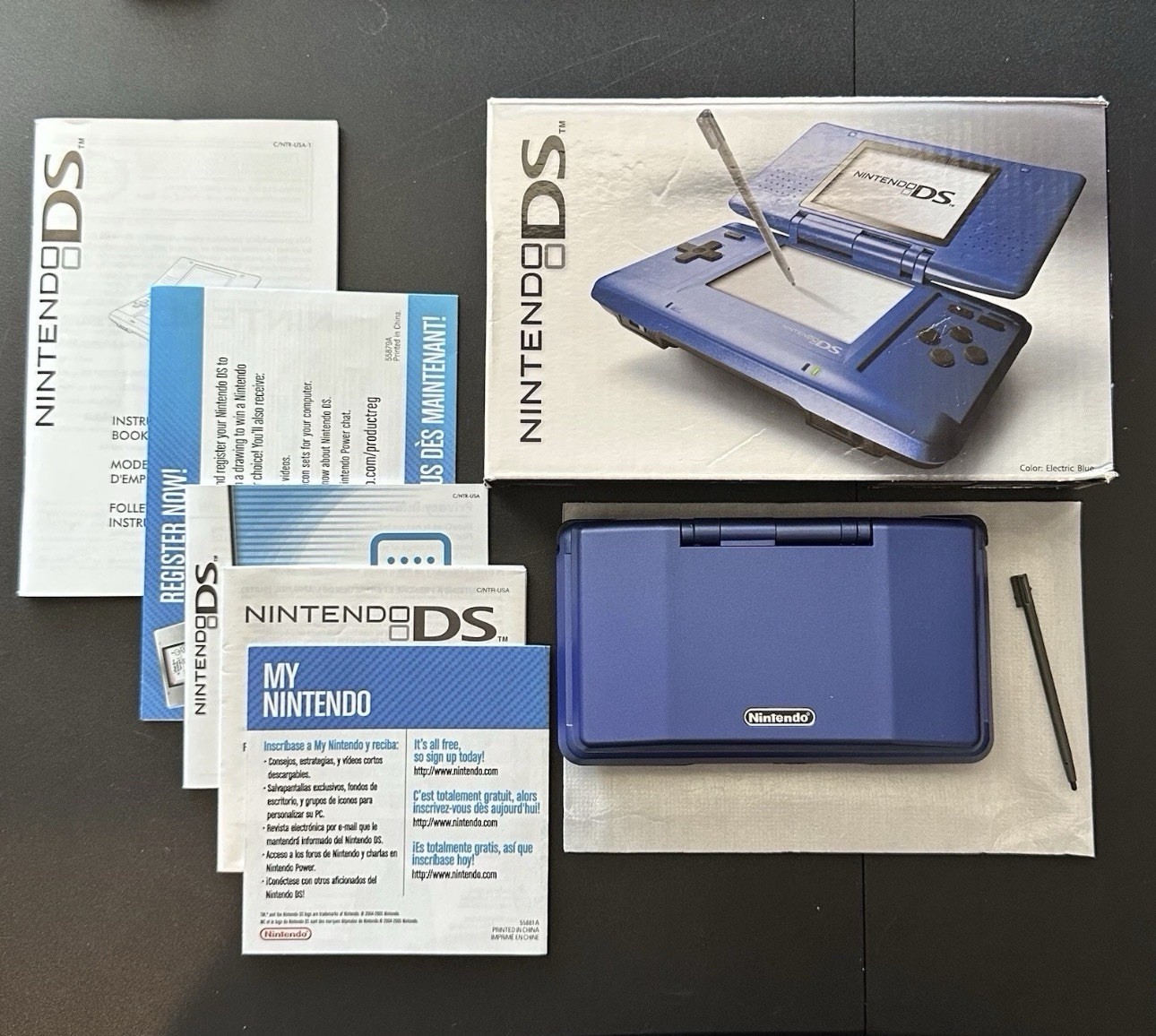 Electric Blue Nintendo DS Handheld Console System Inserts Box Manual Stylus