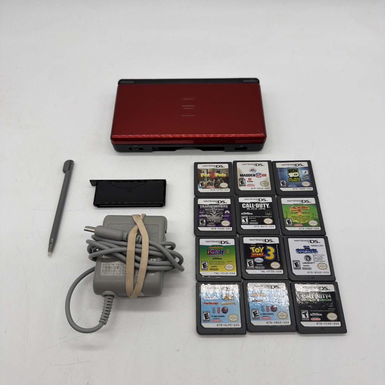Nintendo DS Lite Crimson Red W/ 12 Games Charger Stylus Slot Cover Tested Works!