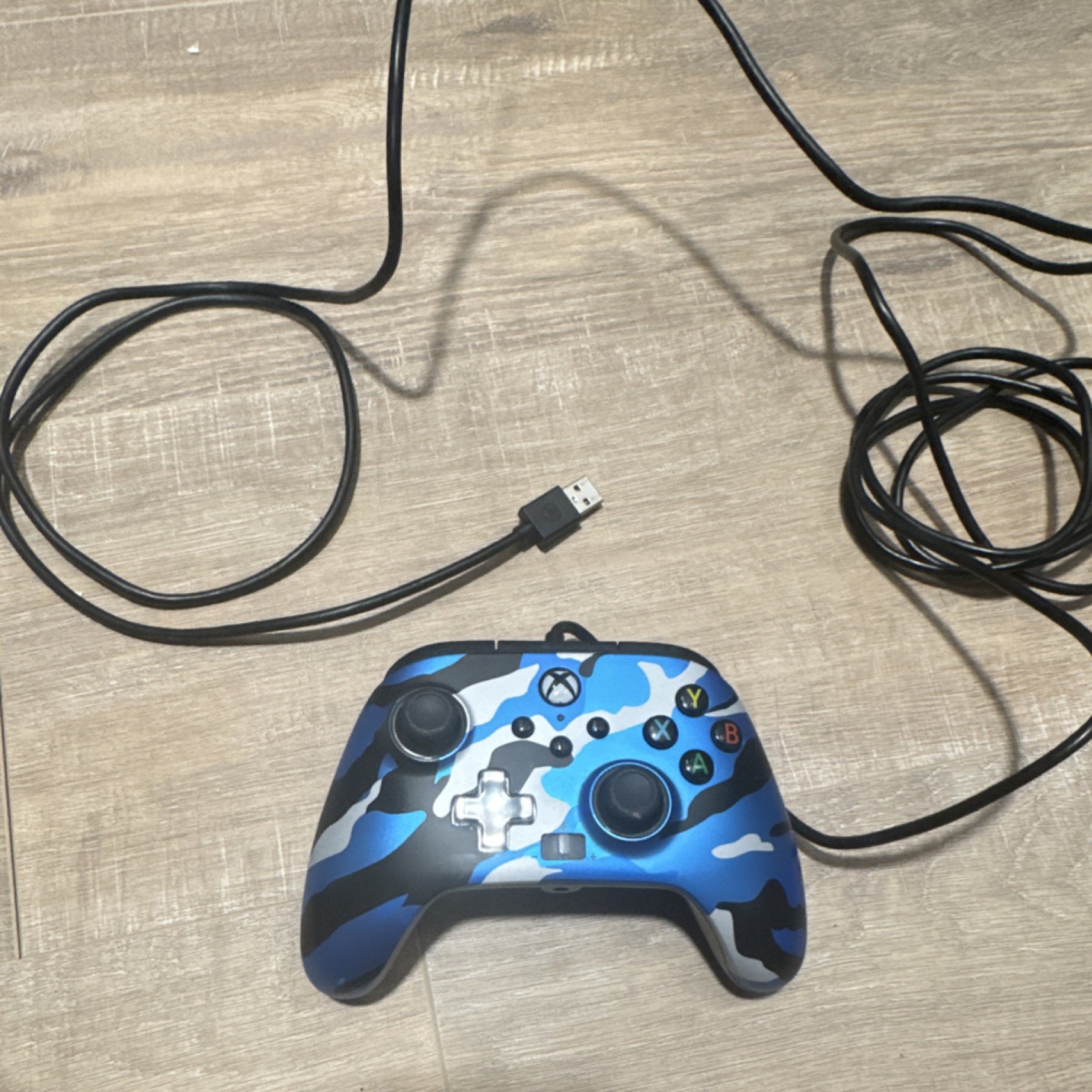 Microsoft Xbox One S White Console with Blue Camouflage Wired Controller & Cable