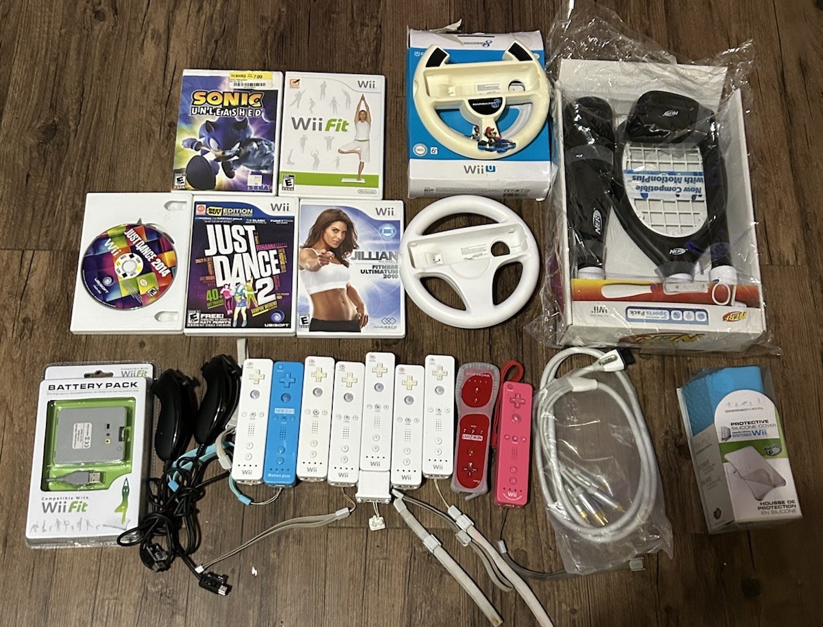 Huge Nintendo Wii Accessory Bundle,Remotes, MotionPlus,Wheels, Sports Pack,Games