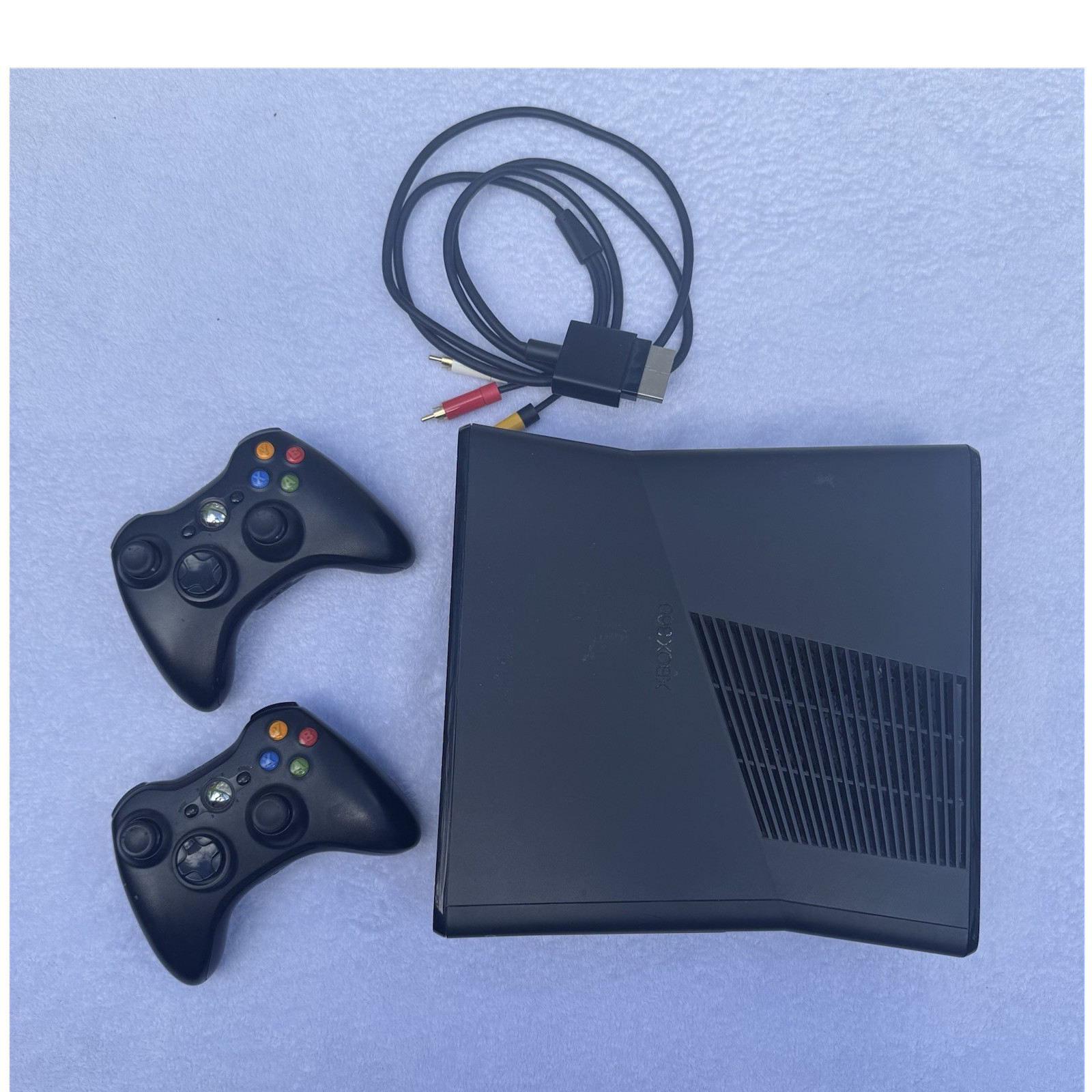 Xbox 360 Slim Black Console Bundle Tested Working 2 OEM Wireless Controllers