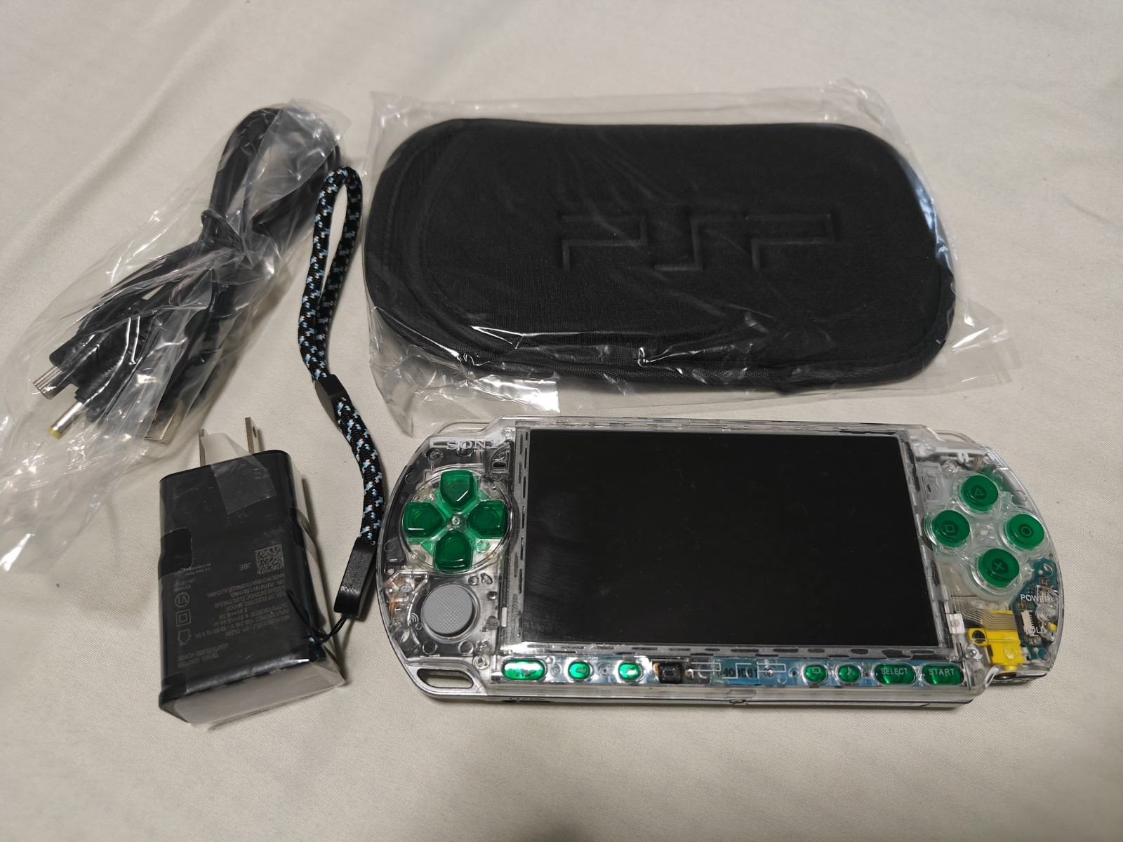 Clear Front Green Buttons Sony PSP 3000 System Charger 128gb Mem Card Set