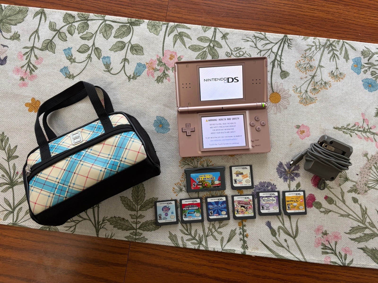 Nintendo DS Lite Console Pink Metallic Rose w/ Stylus, Case, 8 Games & Charger
