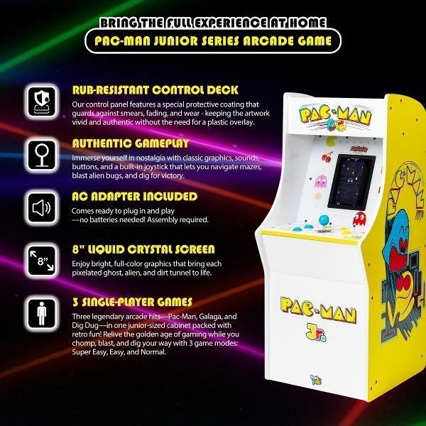 Arcade1Up Jr. Pac-Man Arcade Machine Kids 8″ Screen with Custom Stool A1U