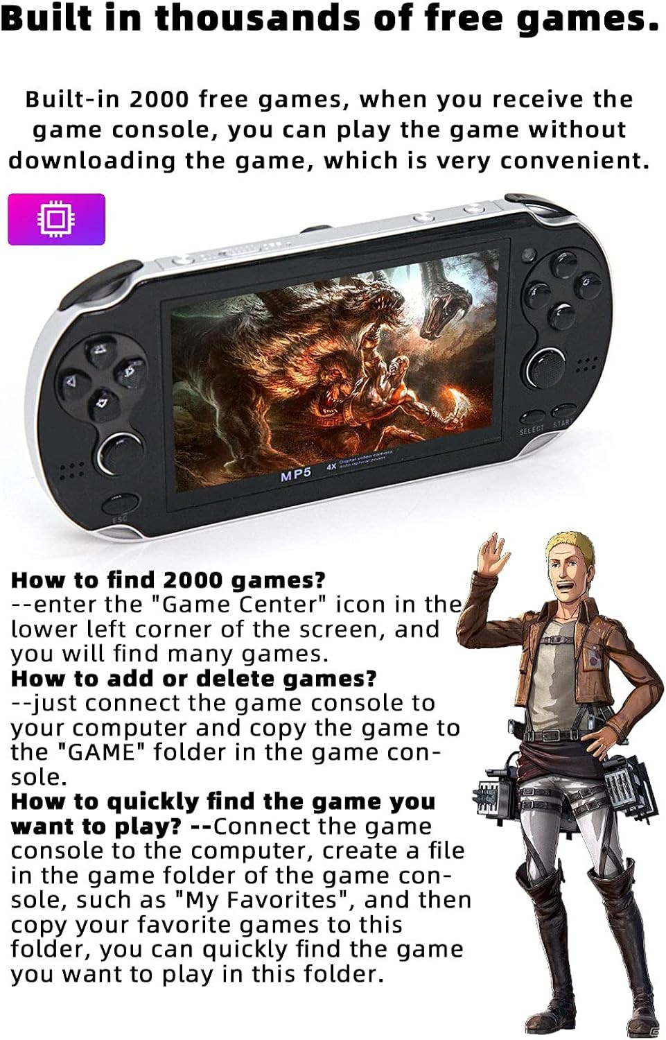 Handheld Game Console 4.3 Inch Double Joystick 8GB Build in 2200 Retro Game Vide