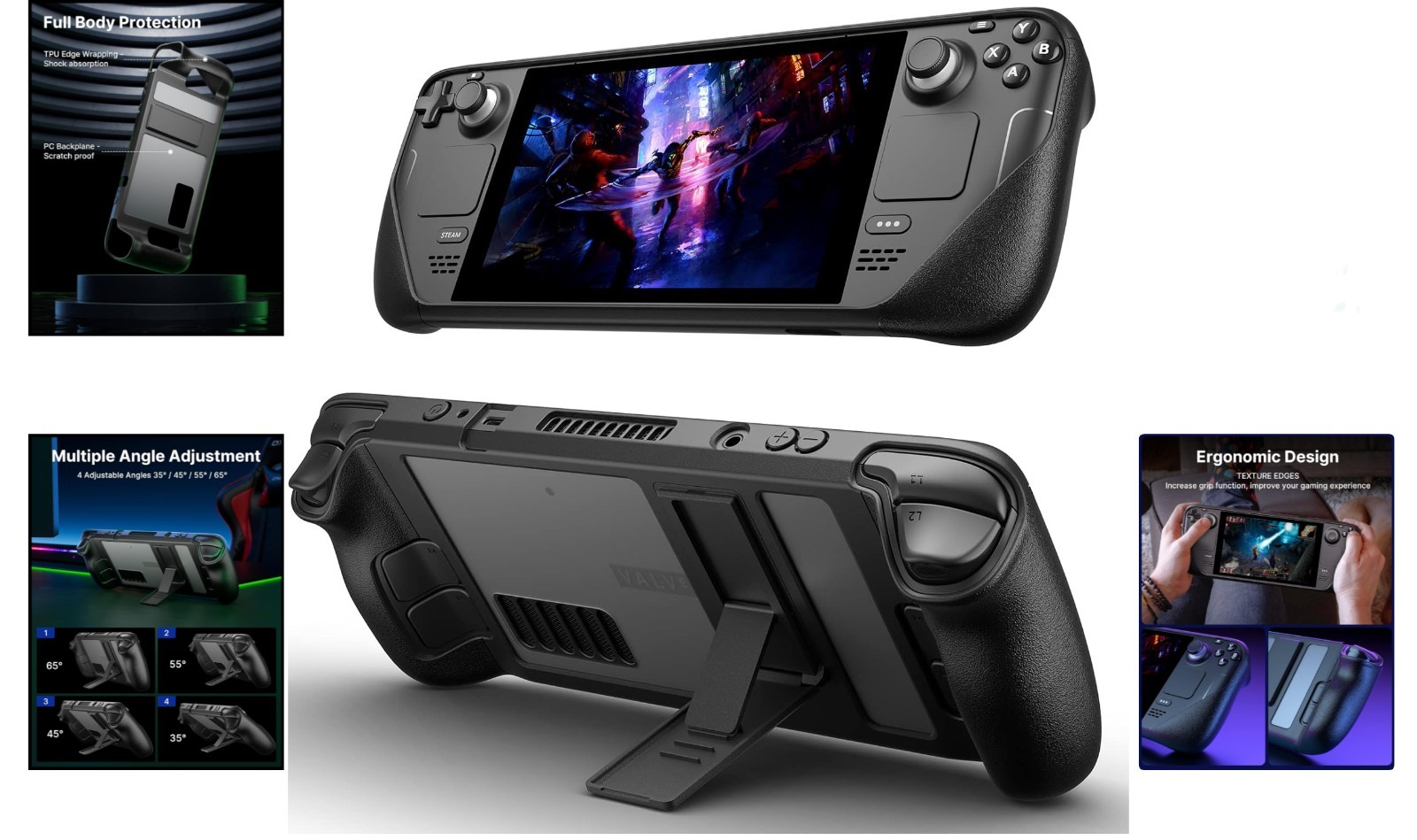 Ergonomic Kickstand Case for Steam Deck – Adjustable TPU Protection, Black