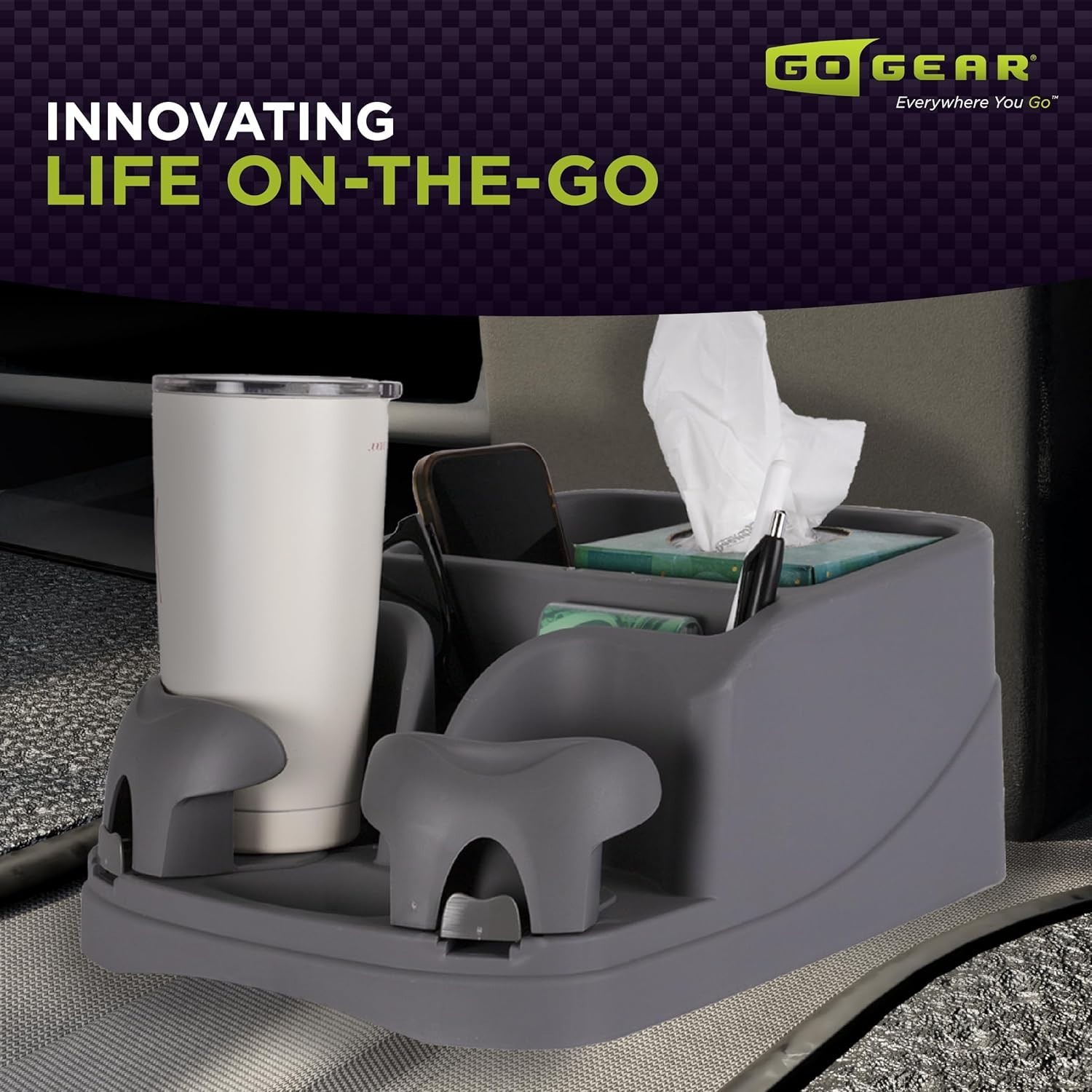 Compact GO GEAR Console: Stylish Storage Solution with Adjustable Drink Holders