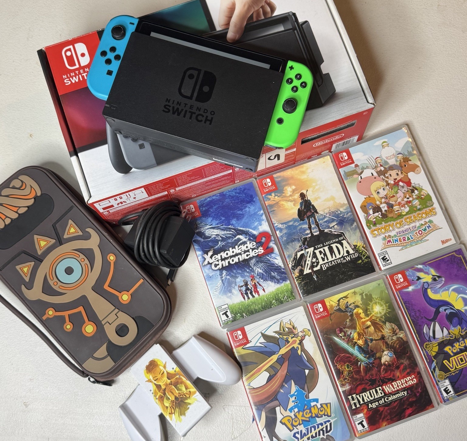 Nintendo Switch Console Bundle Neon Blue Red 6 Games Dock Case Joy-Con Grip Test