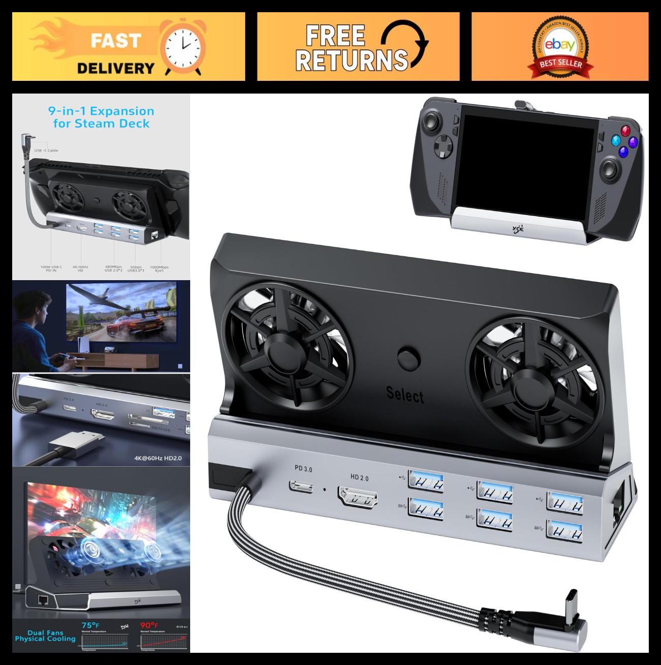 12-in-1 Steam Deck Docking Station with Dual Cooling Fans, 4K@60Hz, 6 USB Ports,