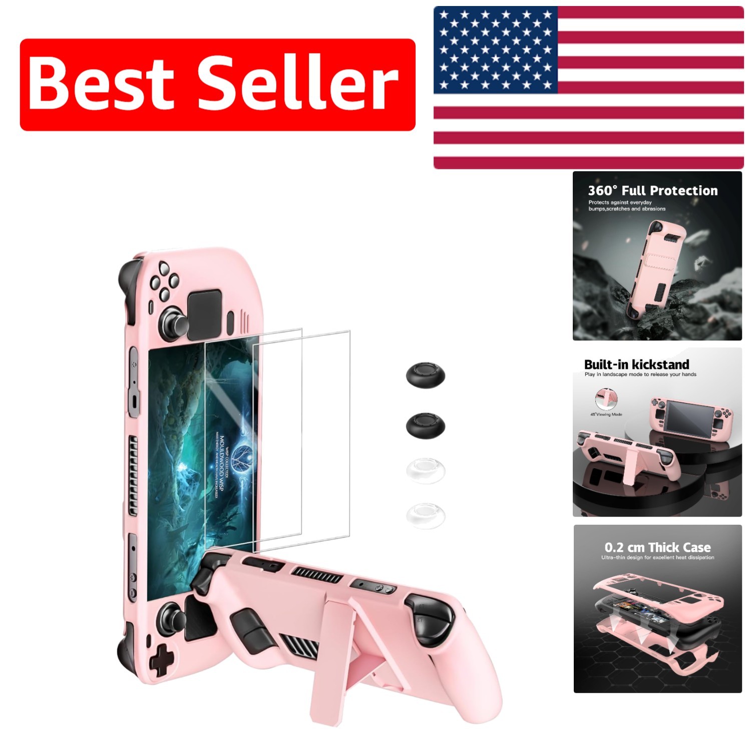 Pink Steam Deck Case with Kickstand & 4 Grips – Complete Protection