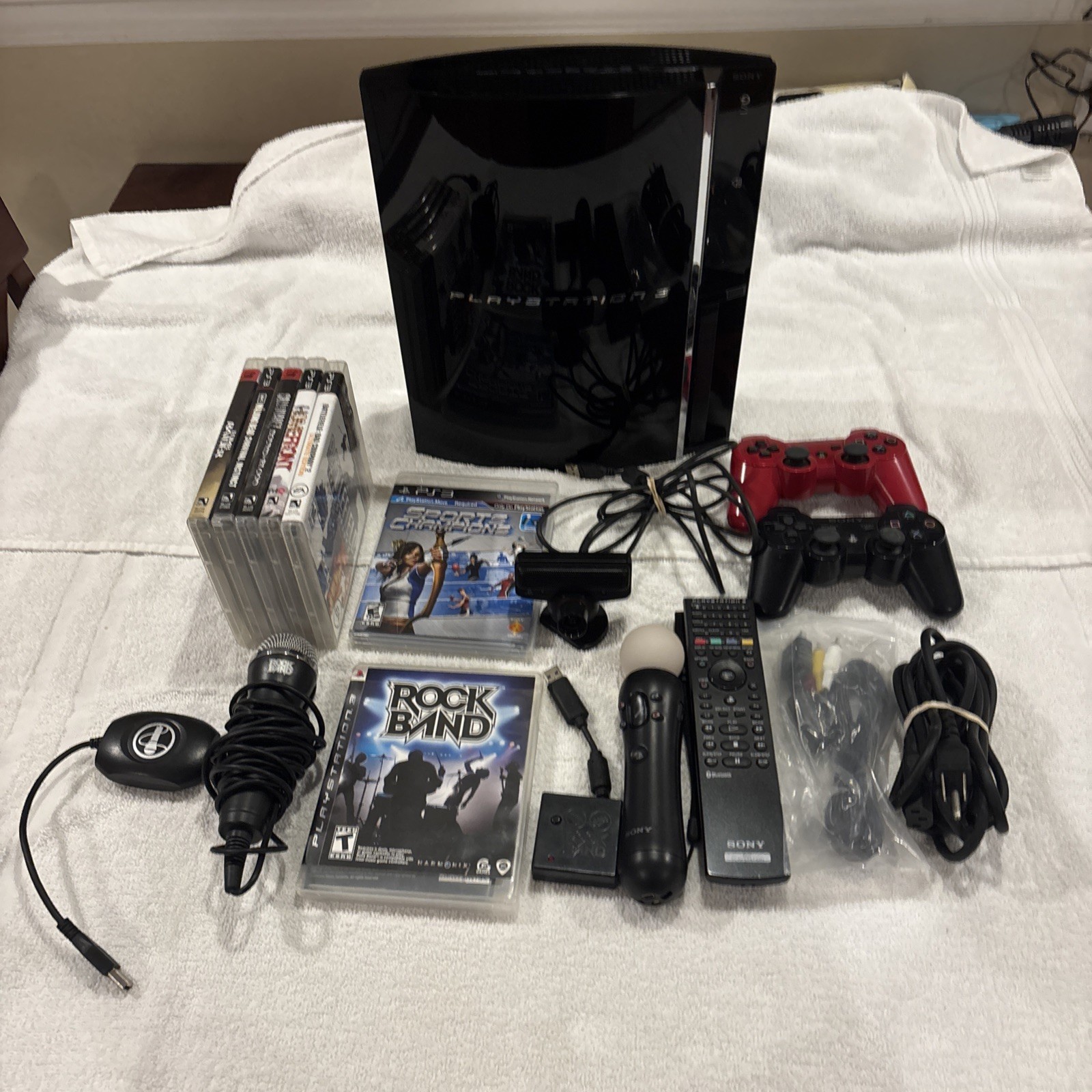 PlayStation 3 Console 2 Controllers 7 Games Microphone Remote PS Moves Working