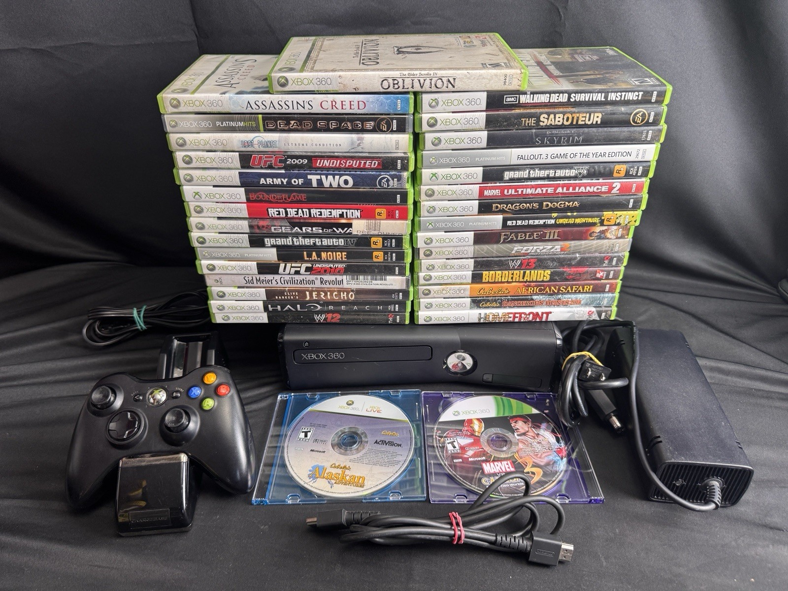 Xbox 360 Slim 250GB Bundle 33 Games Controller HDMI Power Red Dead GTA V Tested