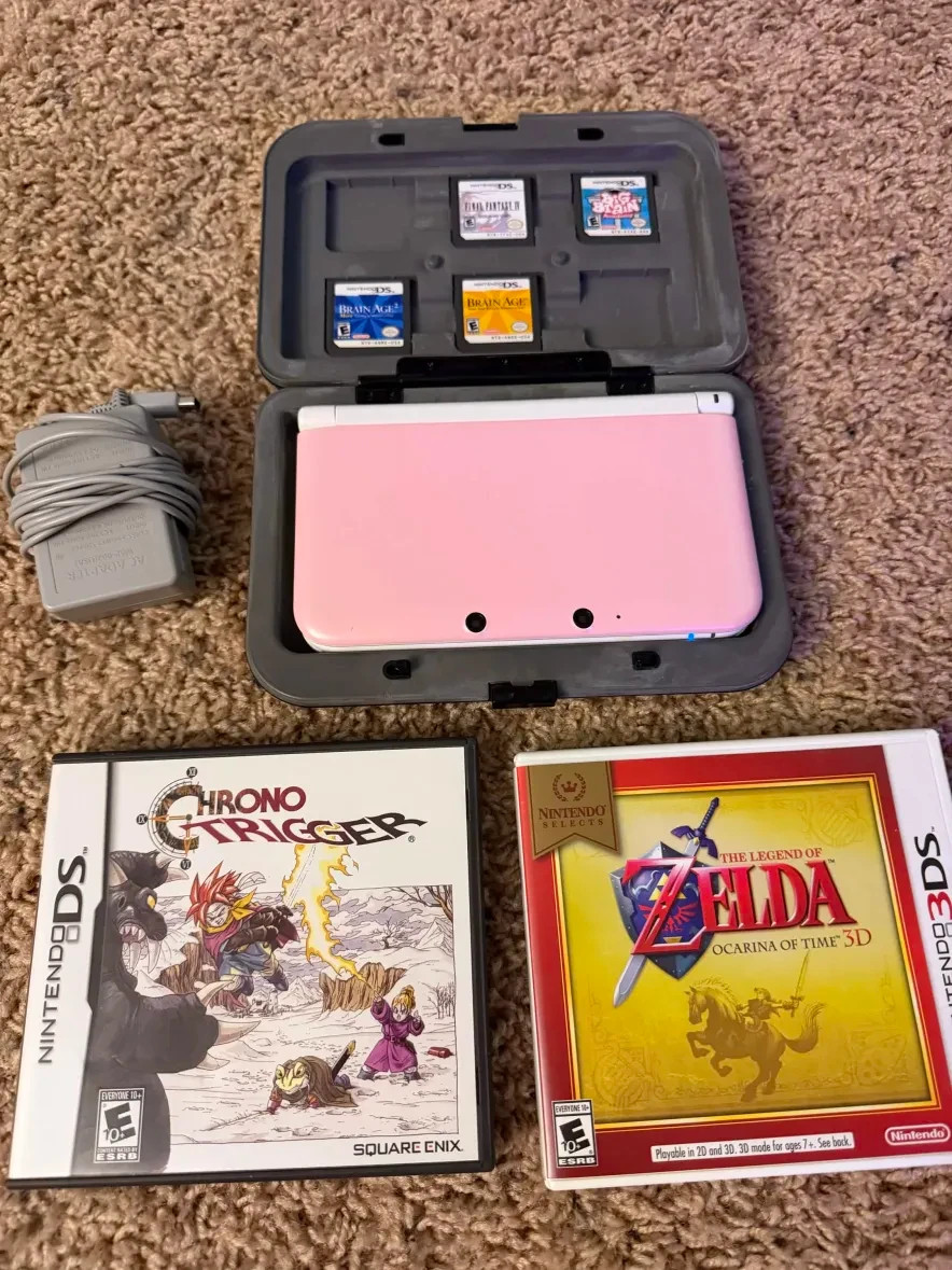 Nintendo 3DS LL XL Pink x White with 6 games (two have cases) and carrying case