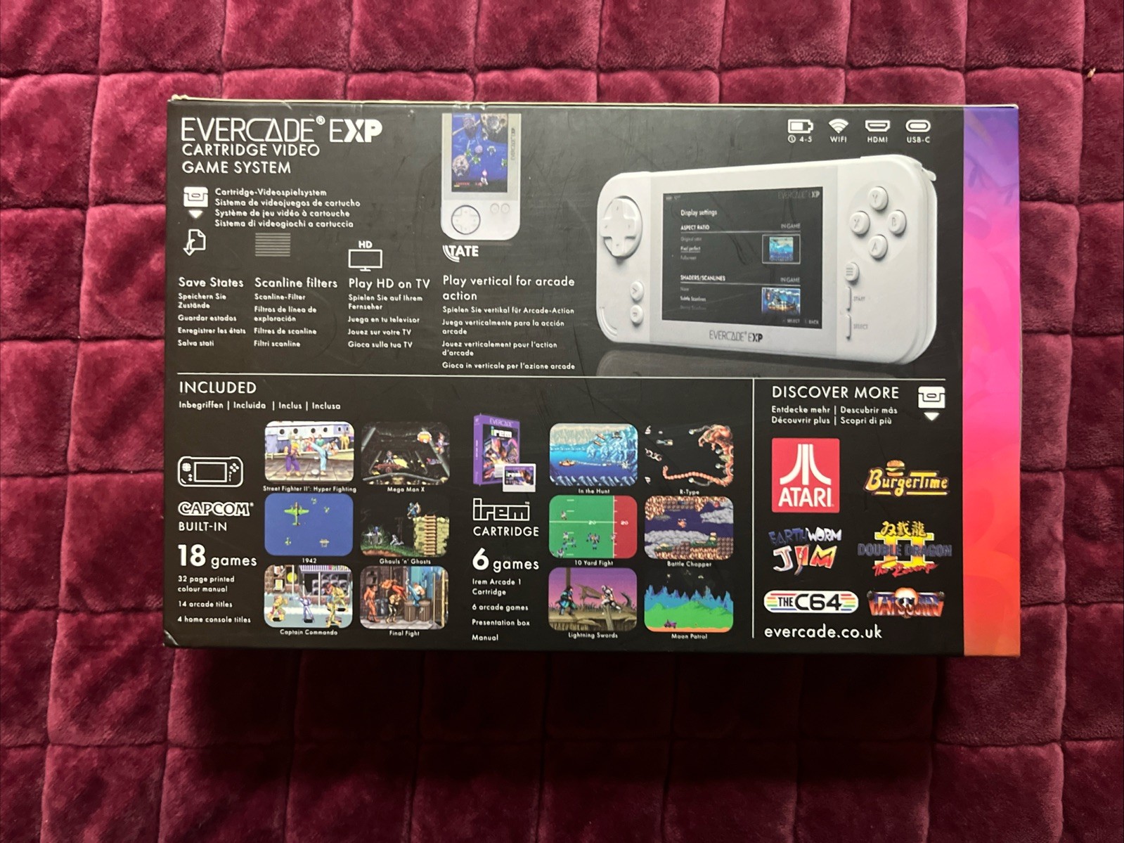 Evercade Exp Capcom Edition White Handheld Console 18 Capcom Games Loaded Open