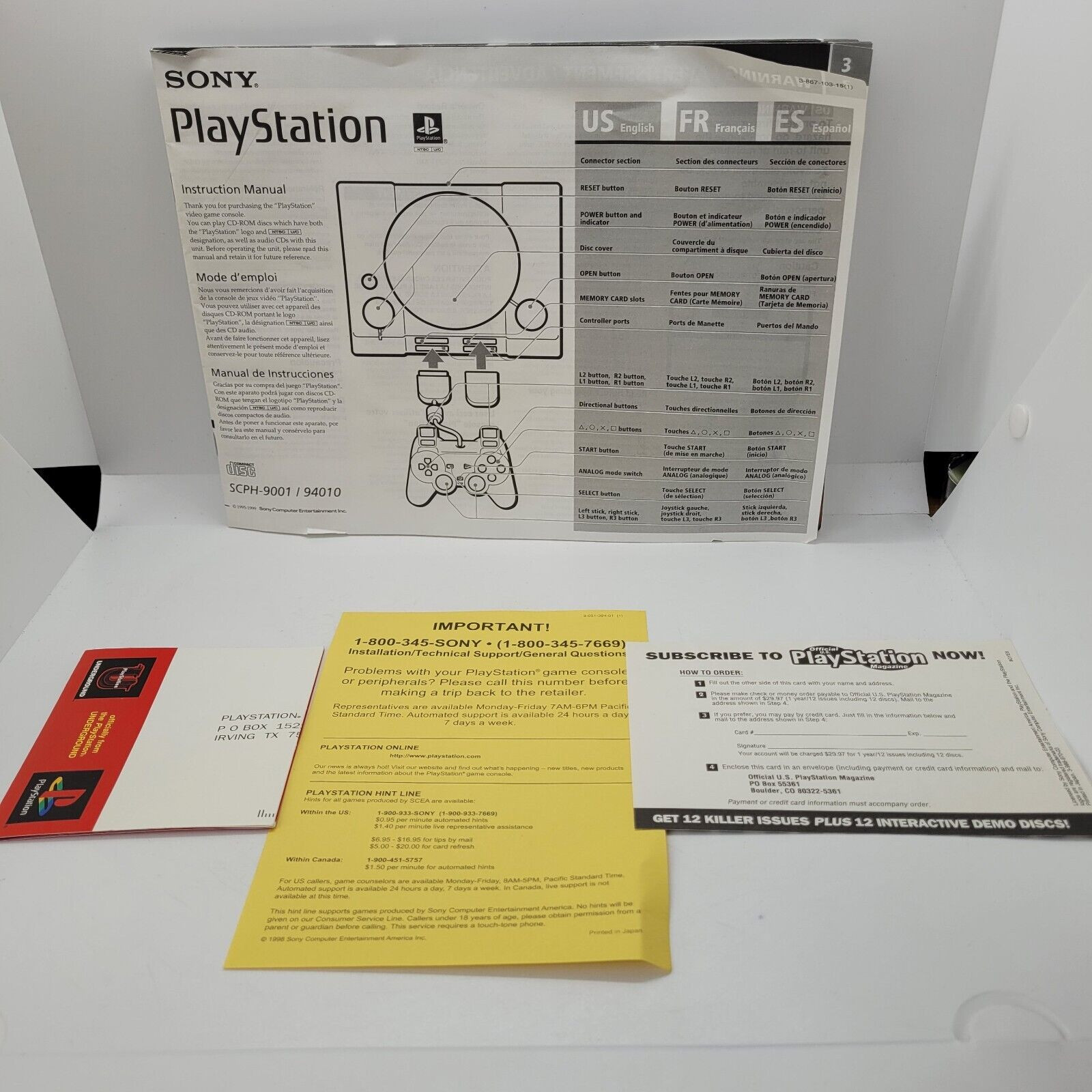Sony PlayStation PS1 Dual Shock Console Model SCPH-9001 Controller Memory Card