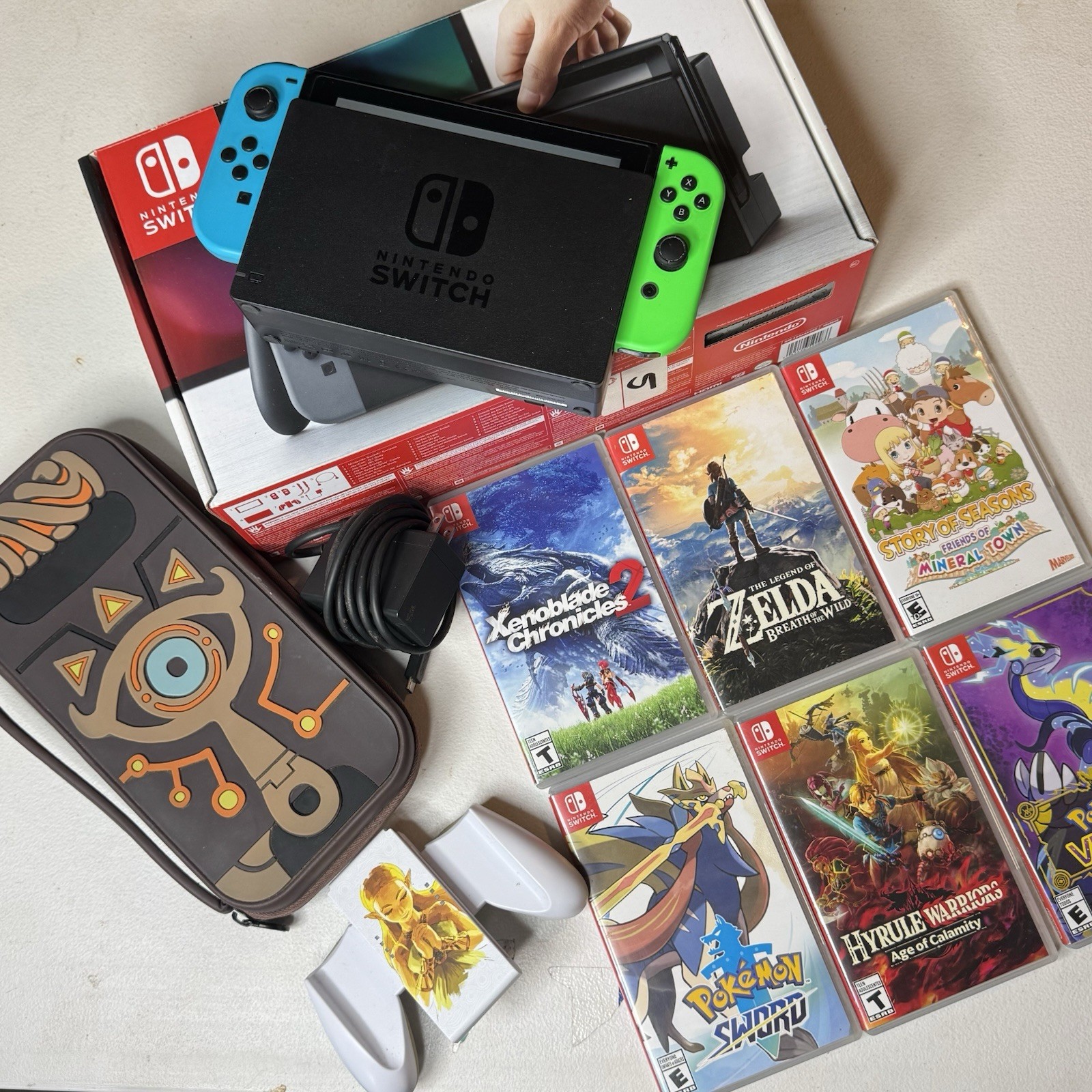 Nintendo Switch Console Bundle Neon Blue Red 6 Games Dock Case Joy-Con Grip Test
