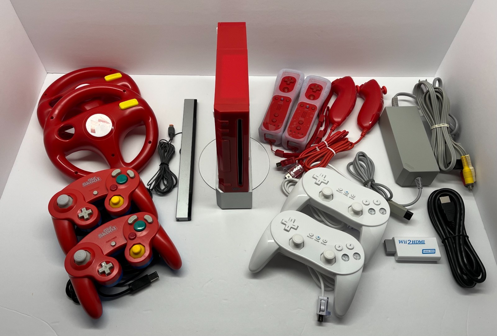 Nintendo Wii Red Console Bundle + Wii Remotes + GC Controllers + Cables