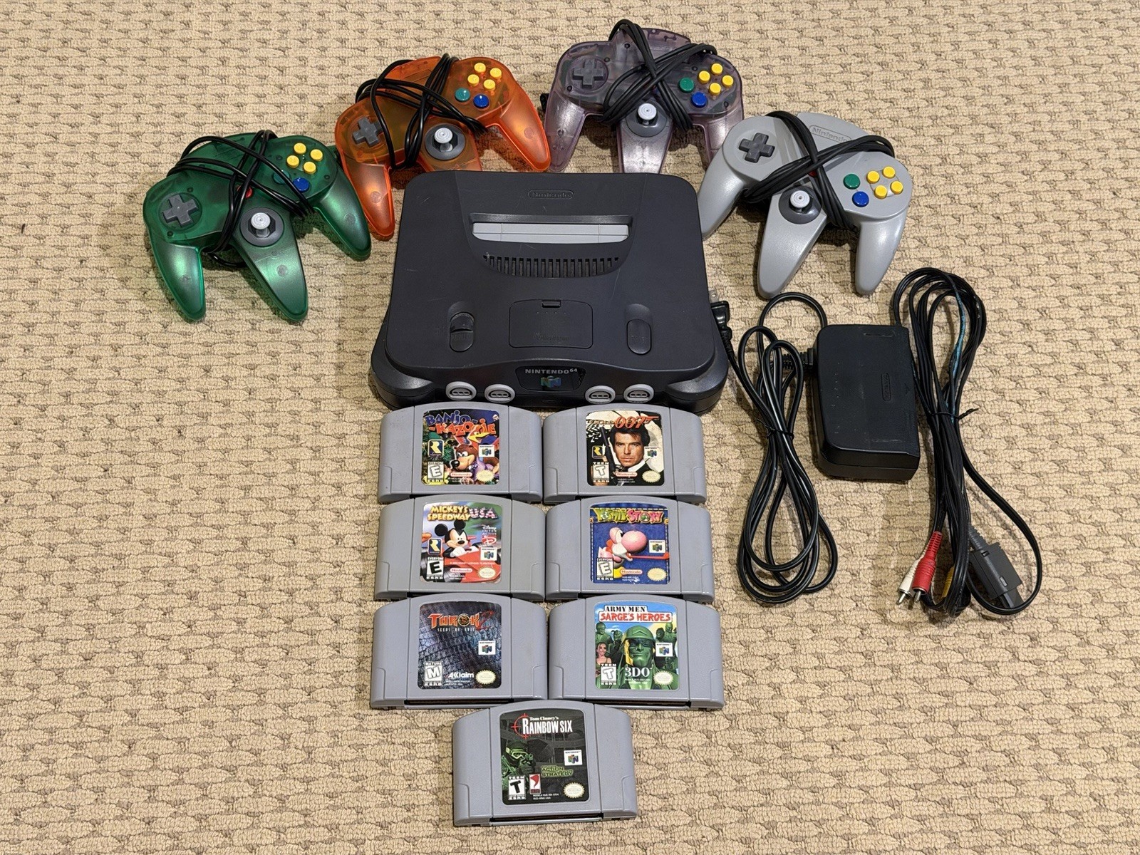 Nintendo N64 System BUNDLE w/7 Games- 4 Controllers &Cables. Tested&Working NTSC