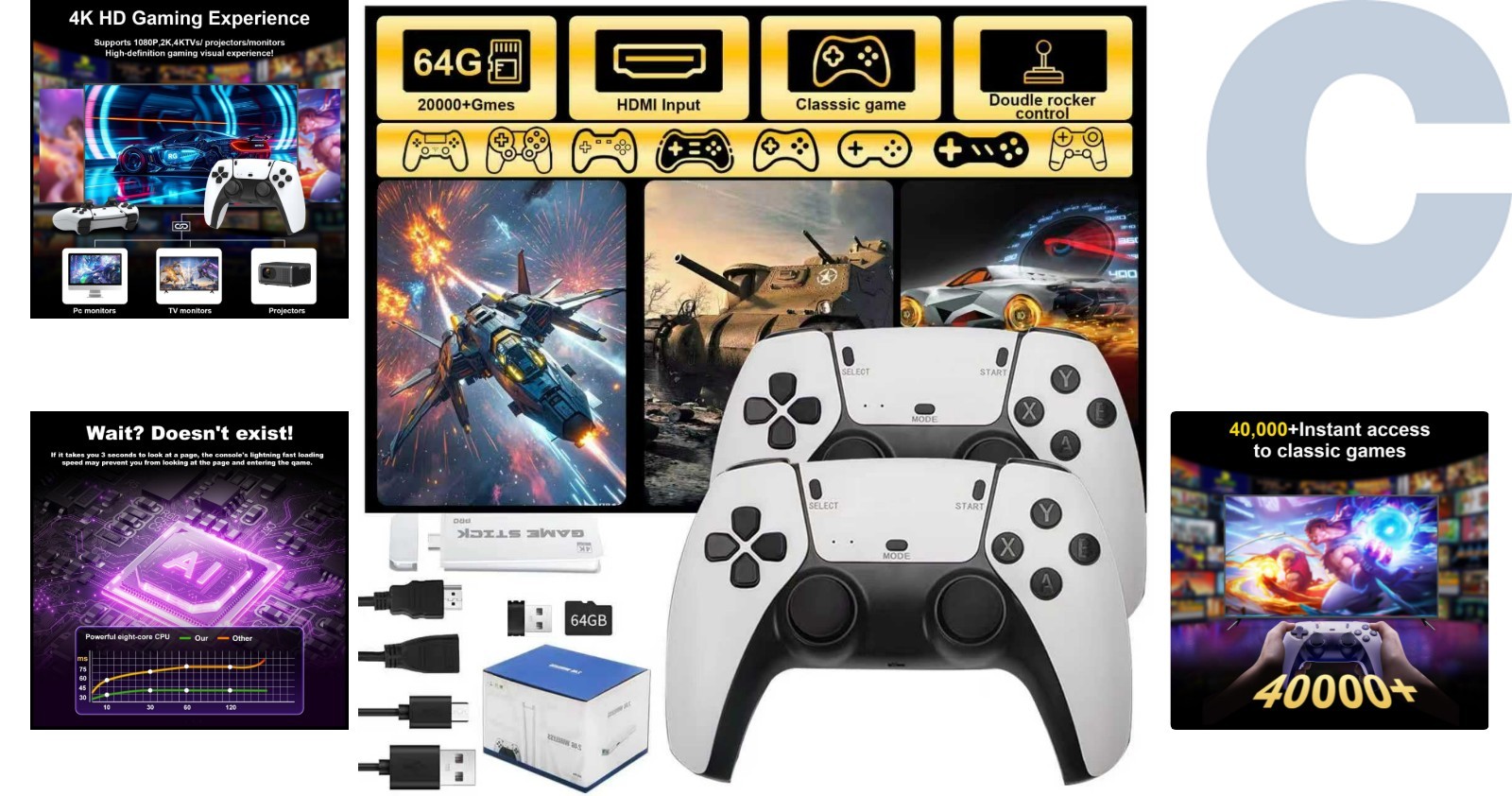 Plug & Play Retro Game Stick: 40K Games, Dual Controllers & 4K Output
