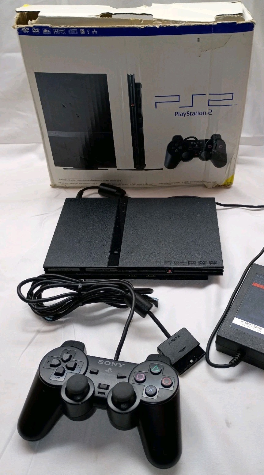 Sony PS2 Slim Black Console Bundle Box Manual Controller [Tested] **Read** WORKS