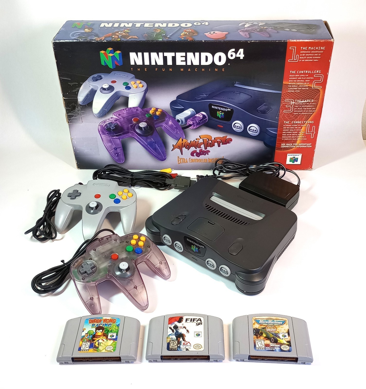 Nintendo 64 Console Bundle NUS-001 Original Box 2 Controllers 3 Games Tested