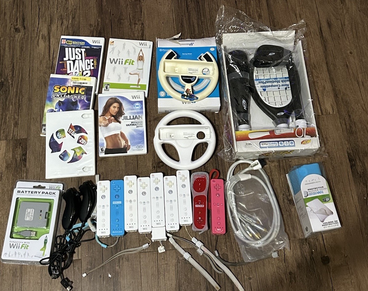 Huge Nintendo Wii Accessory Bundle,Remotes, MotionPlus,Wheels, Sports Pack,Games