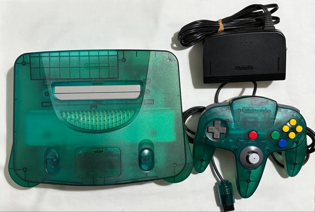 Nintendo 64 N64 Clear Green Console Tested Working System AC Adapter Controller1