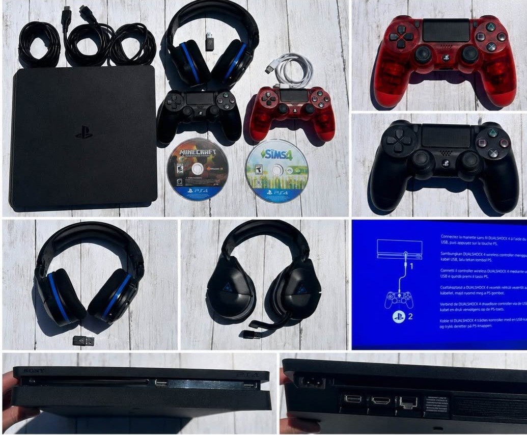 Sony PlayStation 4 Slim 1TB Console Bundle w/ 2 Controllers, Headset, 2 Games