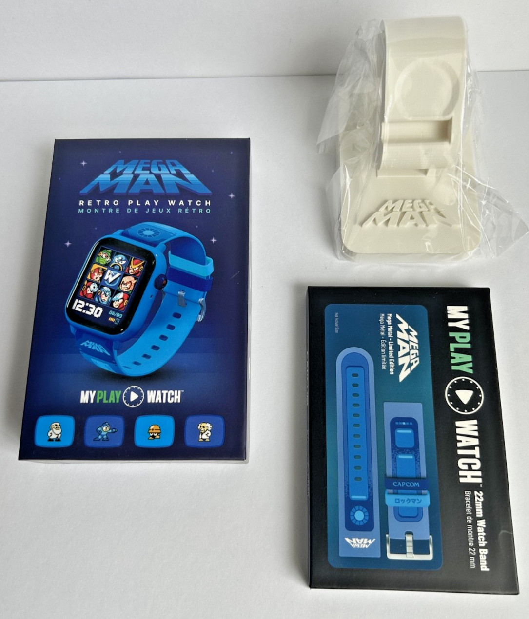 NIB Mega Man Retro Play Watch Bundle with Pre-Order Band & Display Stand + Bonus