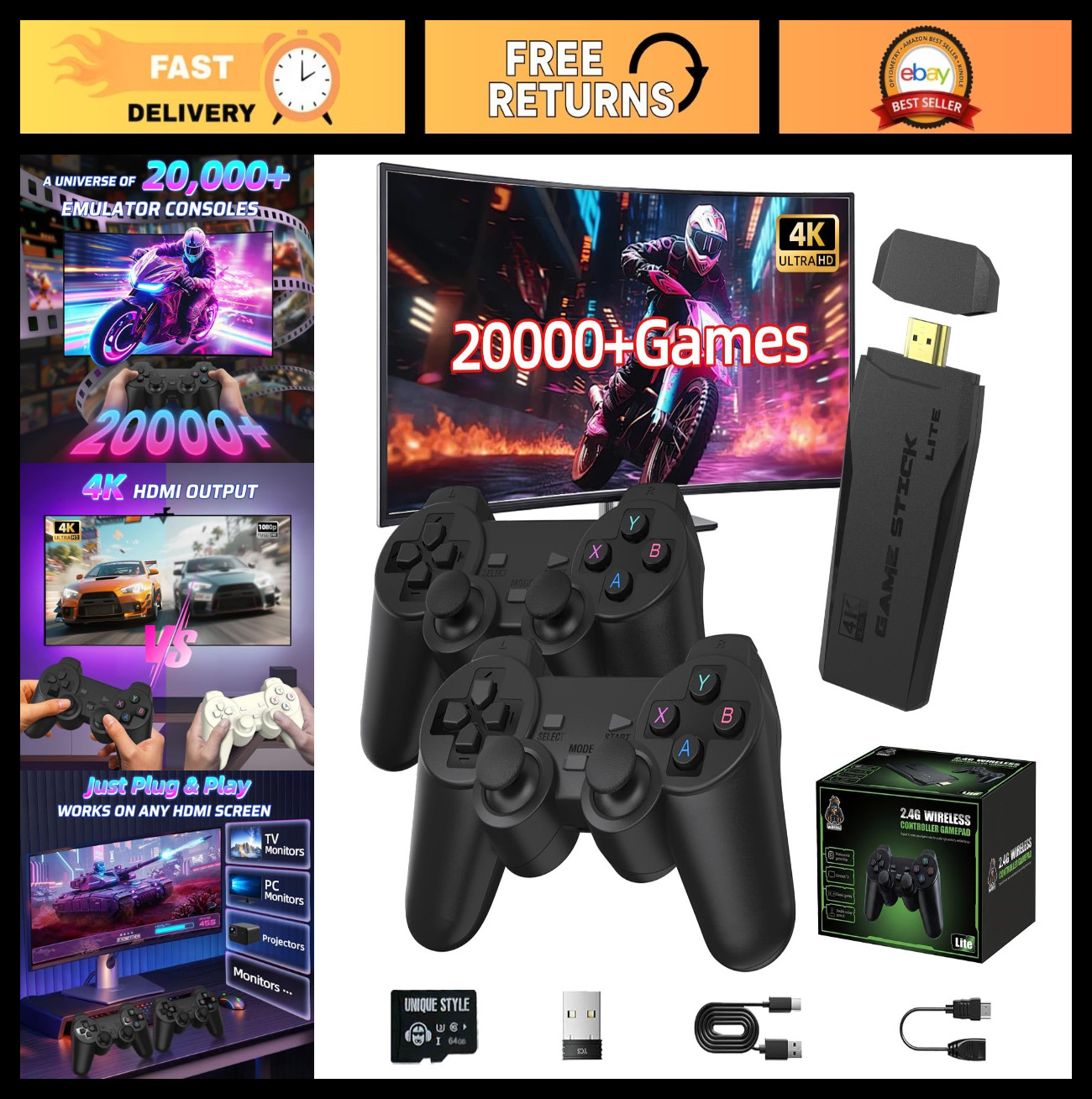 Retro Gaming Console with 2 Wireless Controllers, 4K HDMI, 64GB, Plug & Play, 20