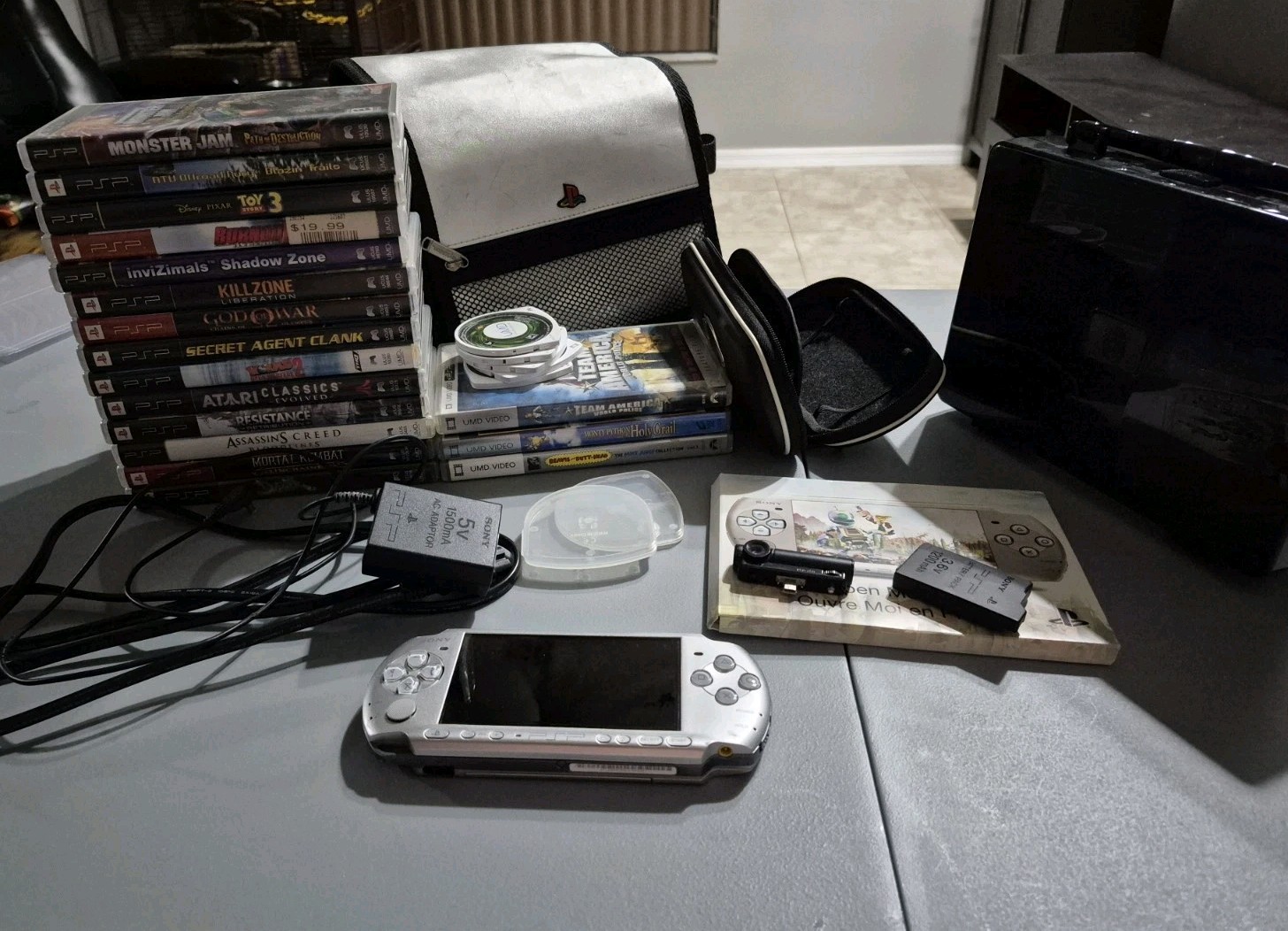 Sony PSP Silver w/ Games and Movies Lot Sale With Box and Accessories TESTED