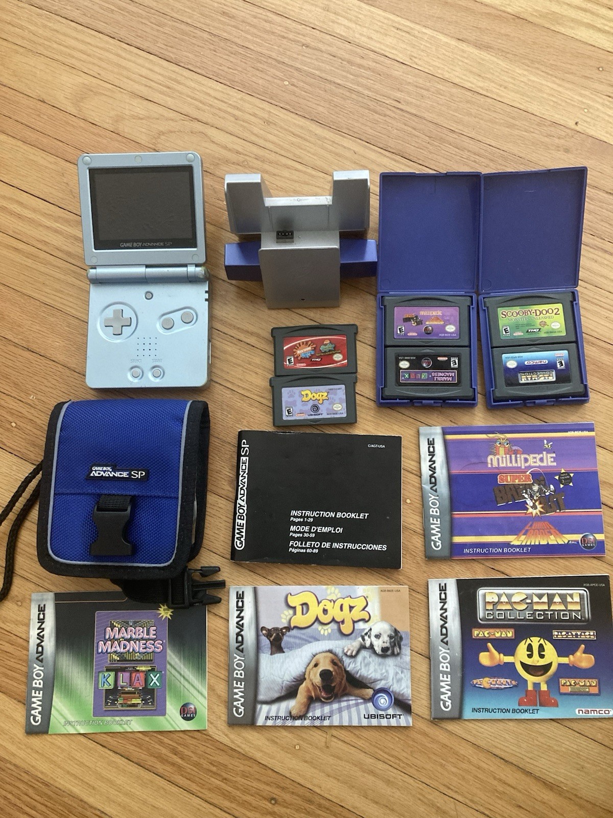 Nintendo Game Boy Advance SP AGS-101 Pearl Blue Tested Working Charger + 6 games