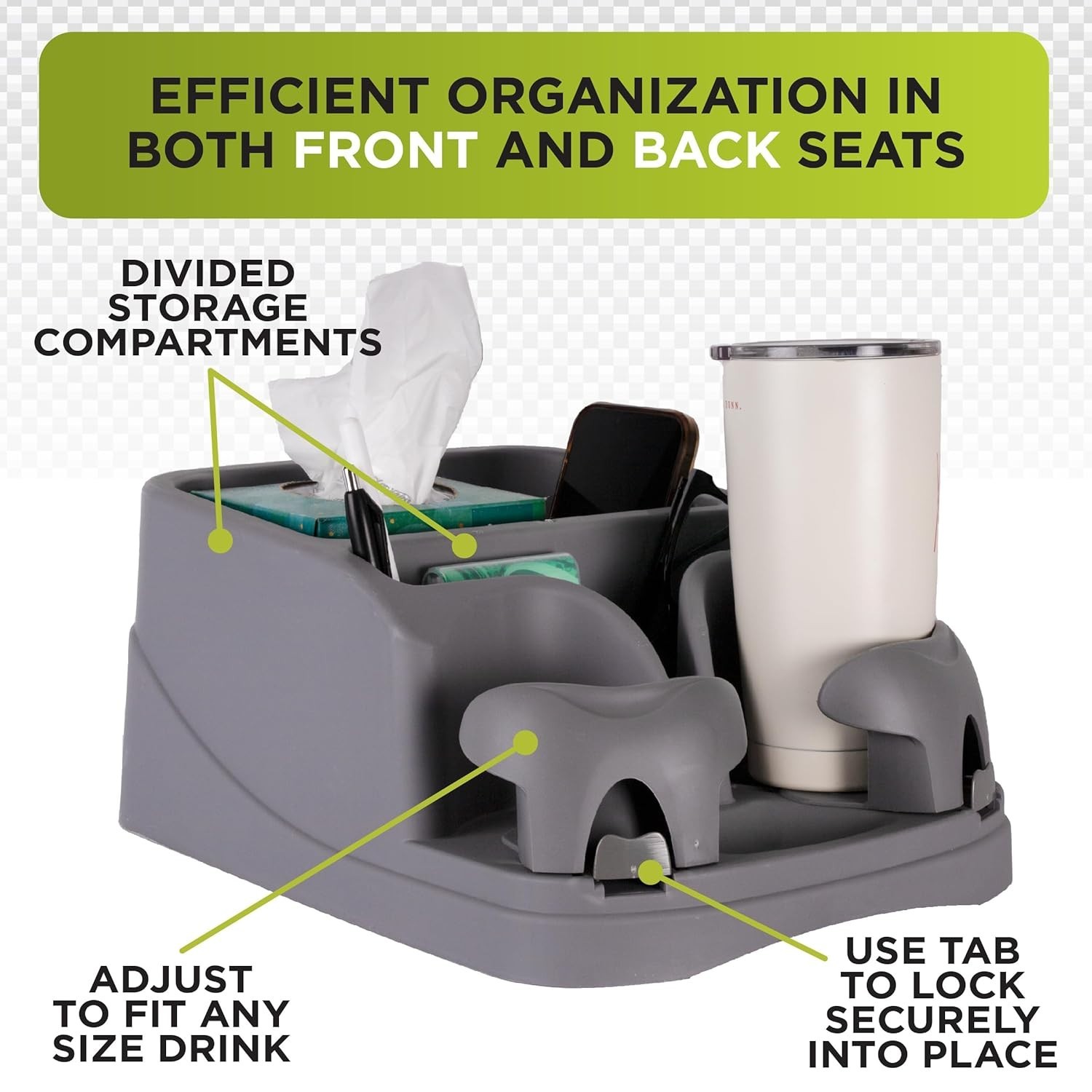 Compact GO GEAR Console: Stylish Storage Solution with Adjustable Drink Holders