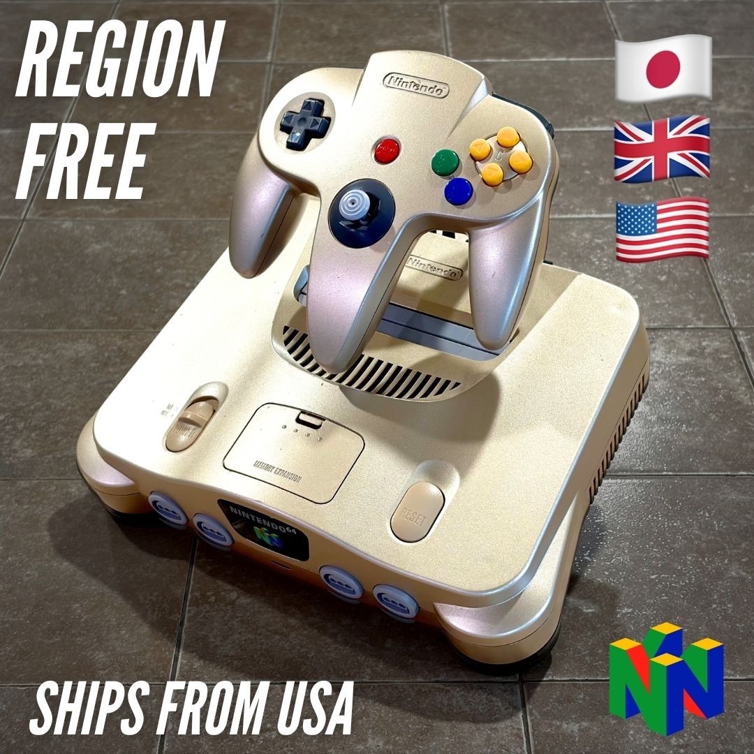Nintendo 64 Toys R Us Gold Console Limited Edition N64 TESTED Region Free +Stand