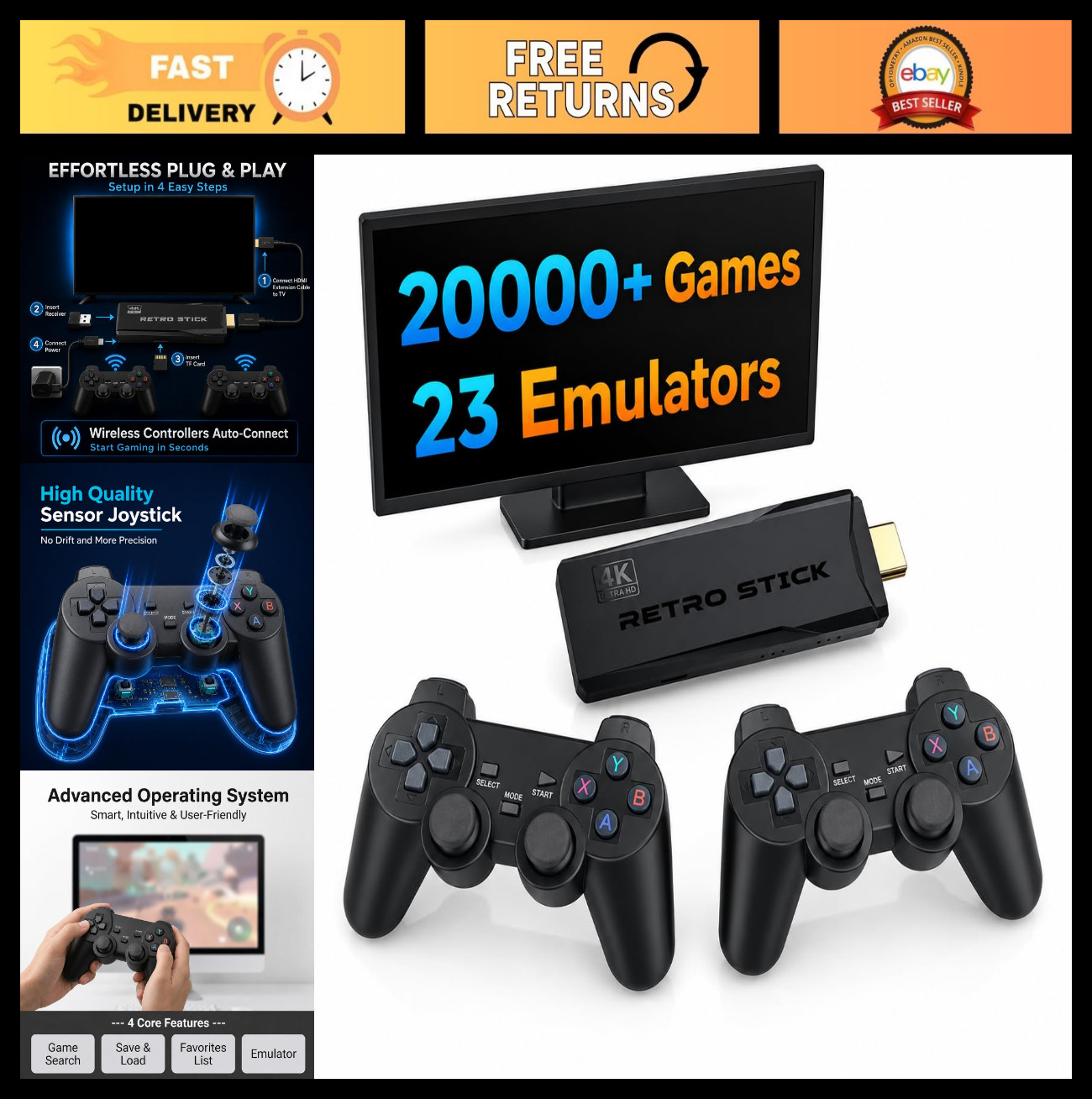 4K HDMI Retro Gaming Console – 20000 Games, 23 Emulators, Wireless Controllers,