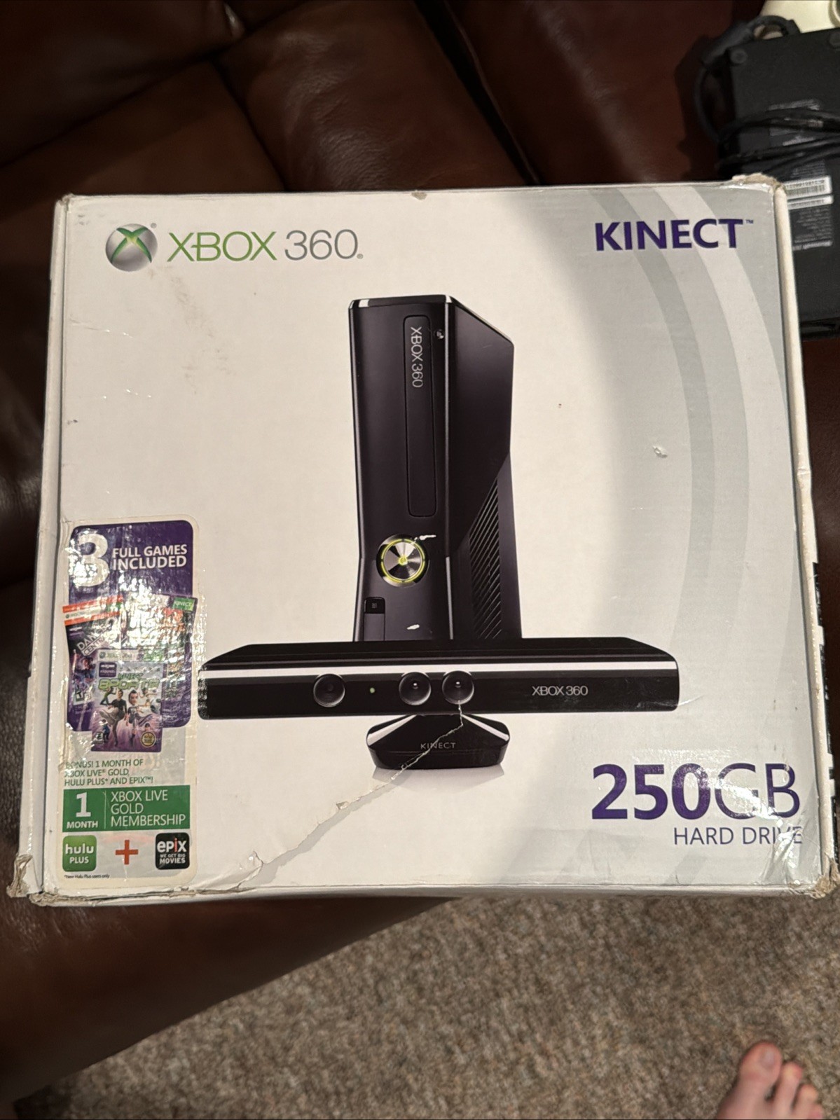 Microsoft Xbox 360 Kinect 250GB Glossy Black CIB. Cords, Sensor, Game Bundle