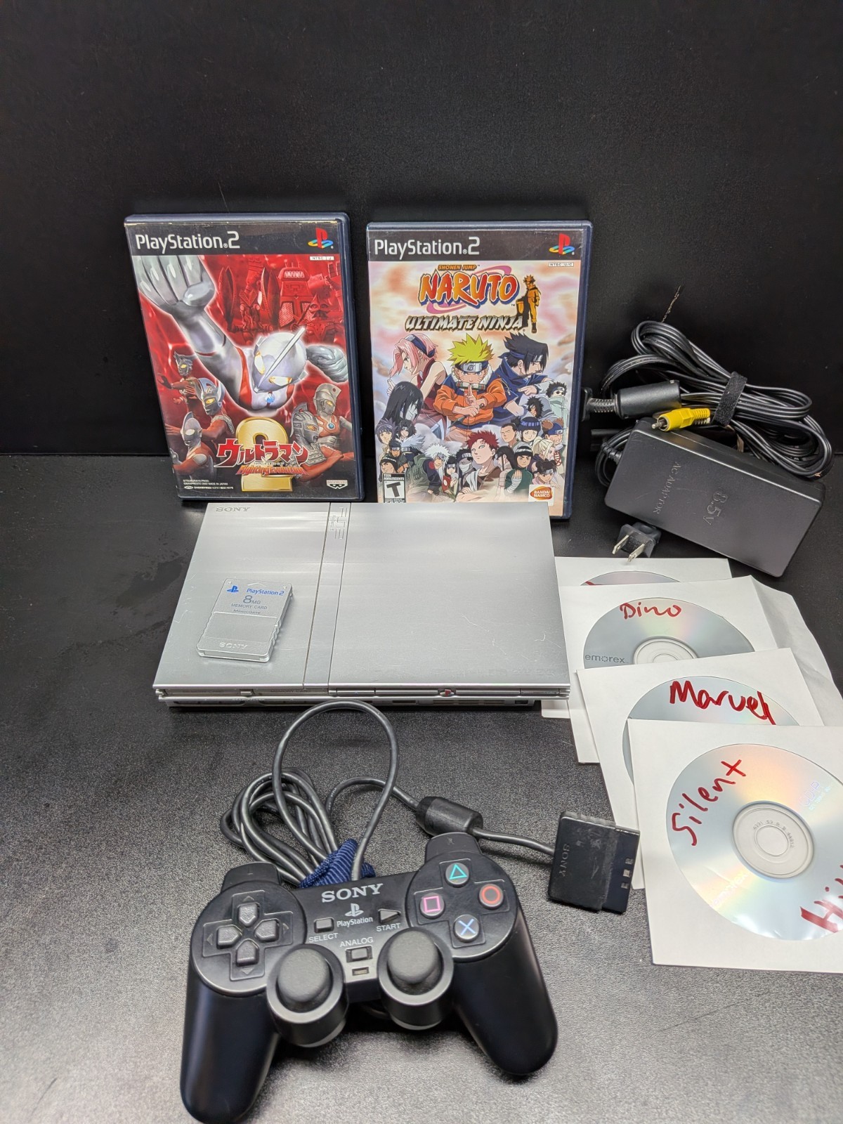 Silver PlayStation 2 Slim PS2 OEM Bundle OEM Controller, Cables, Memory Card
