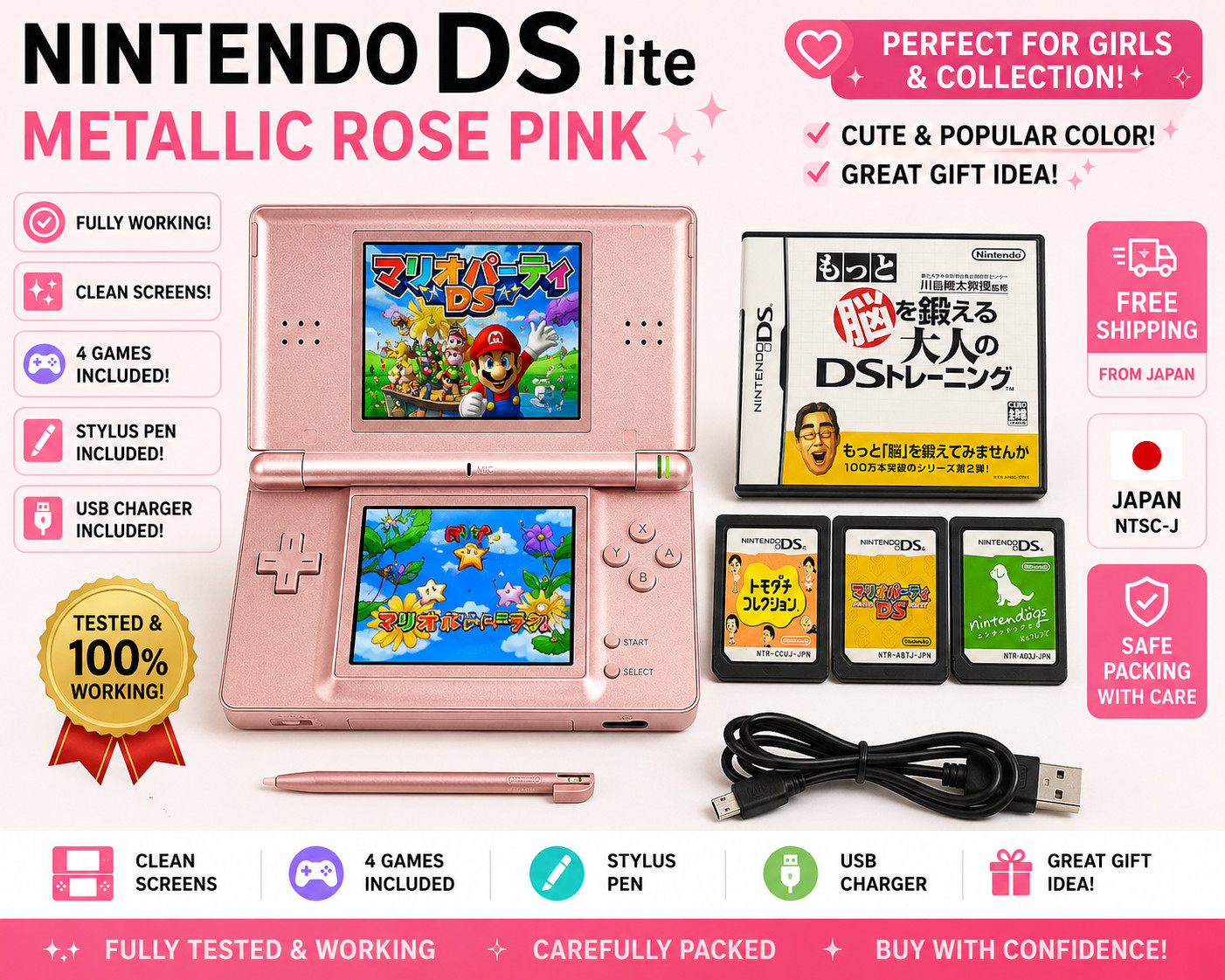 Nintendo DS Lite Metallic Rose Pink Bundle 4 Games USB Charger Tested Japan