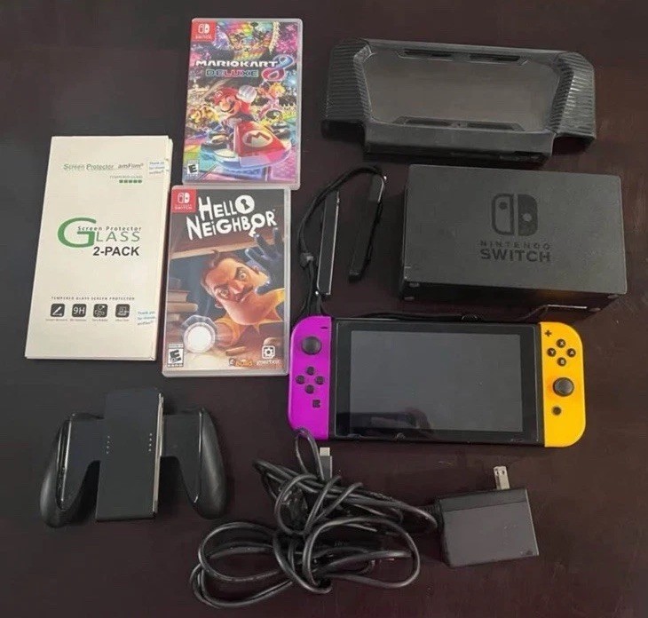 Nintendo Switch Purple & Orange Joy-Con Console Dock Case Mario Kart Bundle