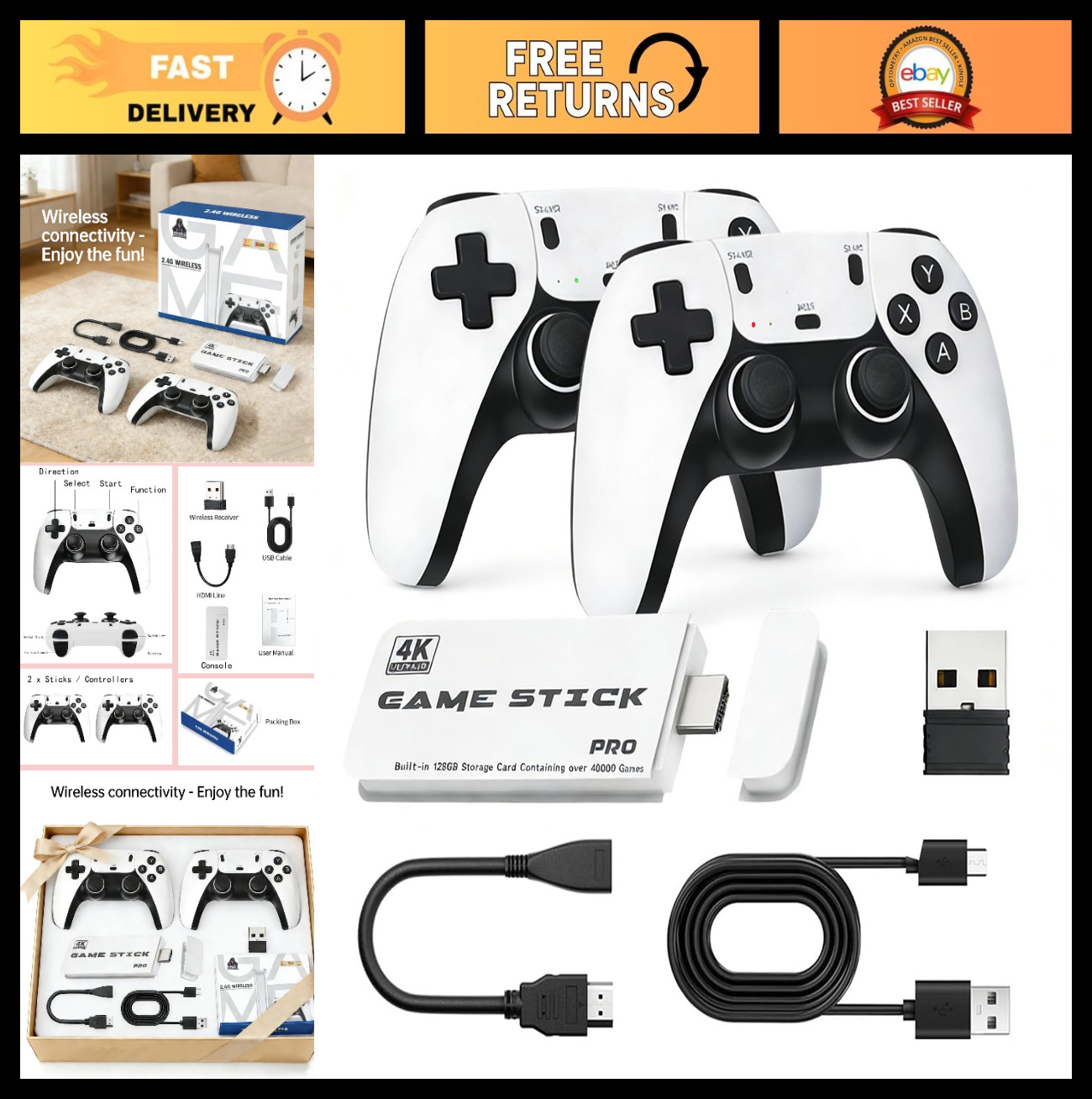 Retro Gaming Console HDMI Stick – Plug & Play TV Game System with 2 Wireless Con