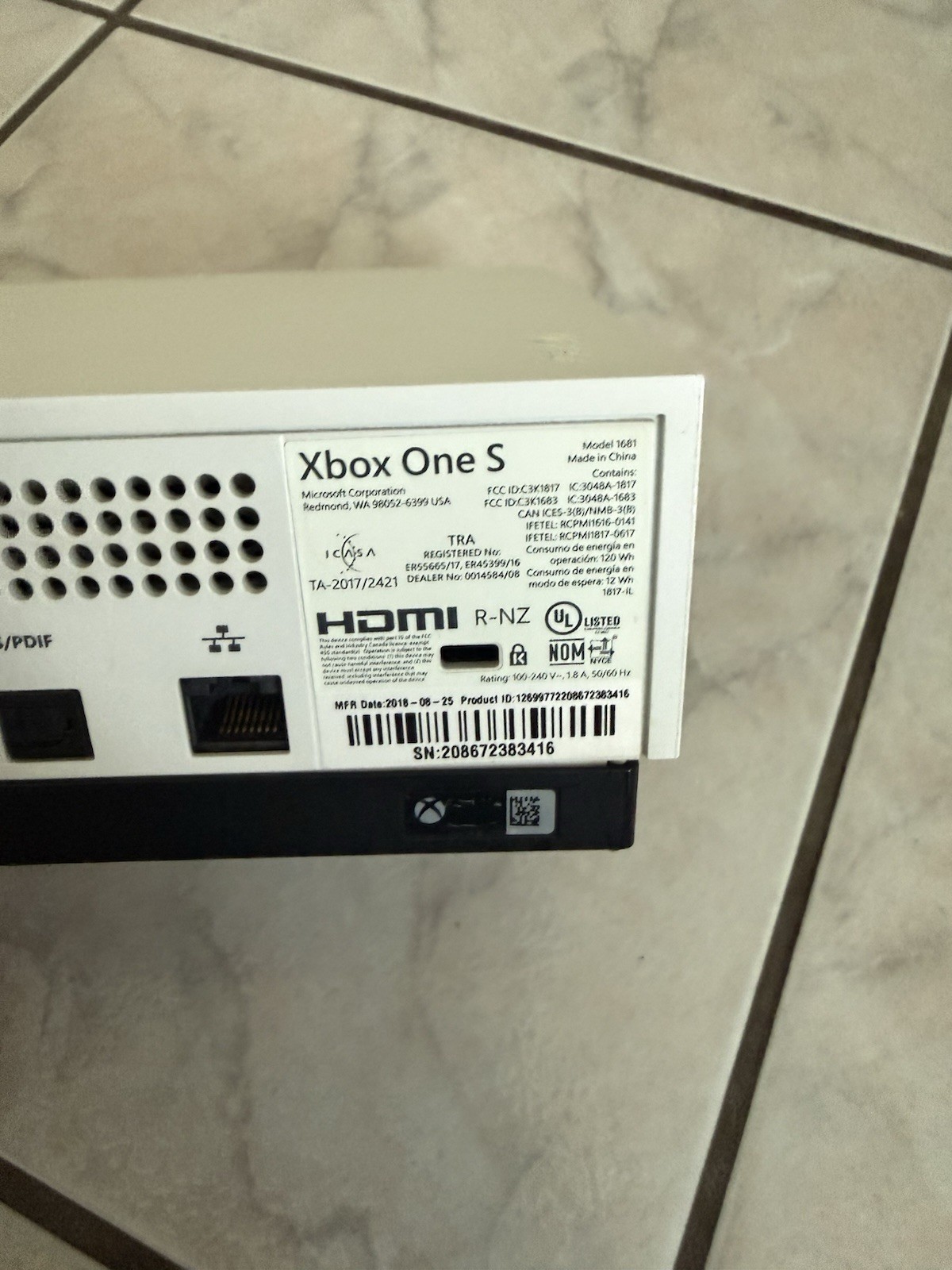 Microsoft Xbox One S 1681 White Console HDMI USB-A S/PDIF IR Out Ethernet 2018