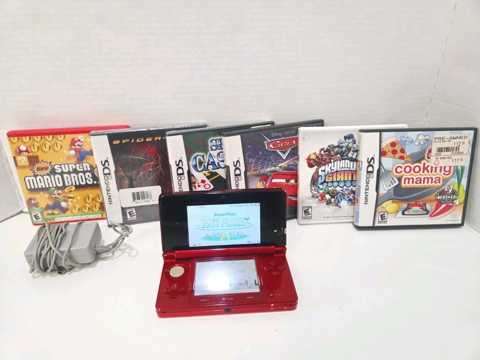Nintendo 3DS Handheld System Flame Red w/ Charger & 6 Games – TESTED & WORKS