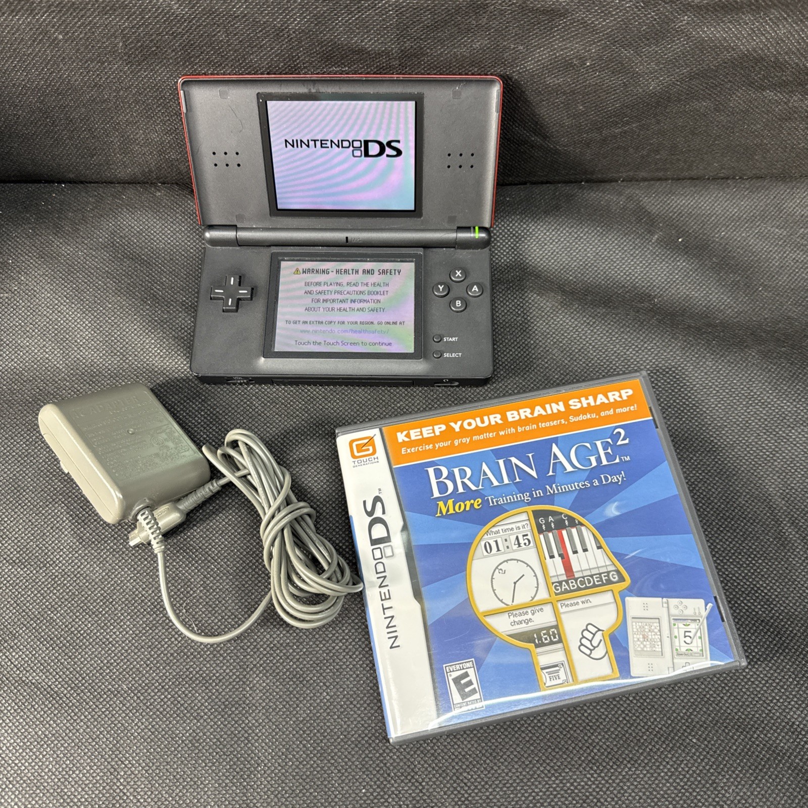 Nintendo DS Lite Dual Screen Handheld System Red/Black USG-001 & Brain Age 2