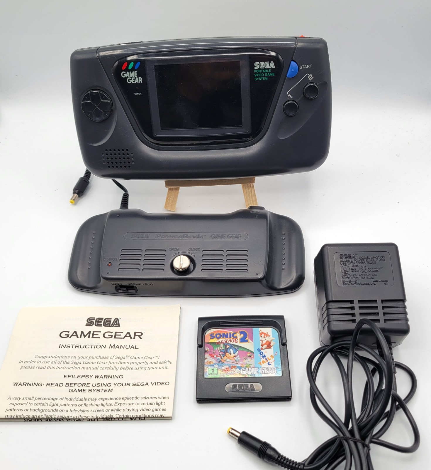 Sega Game Gear Console with Powerback Adapter and Sonic Game Tested Working