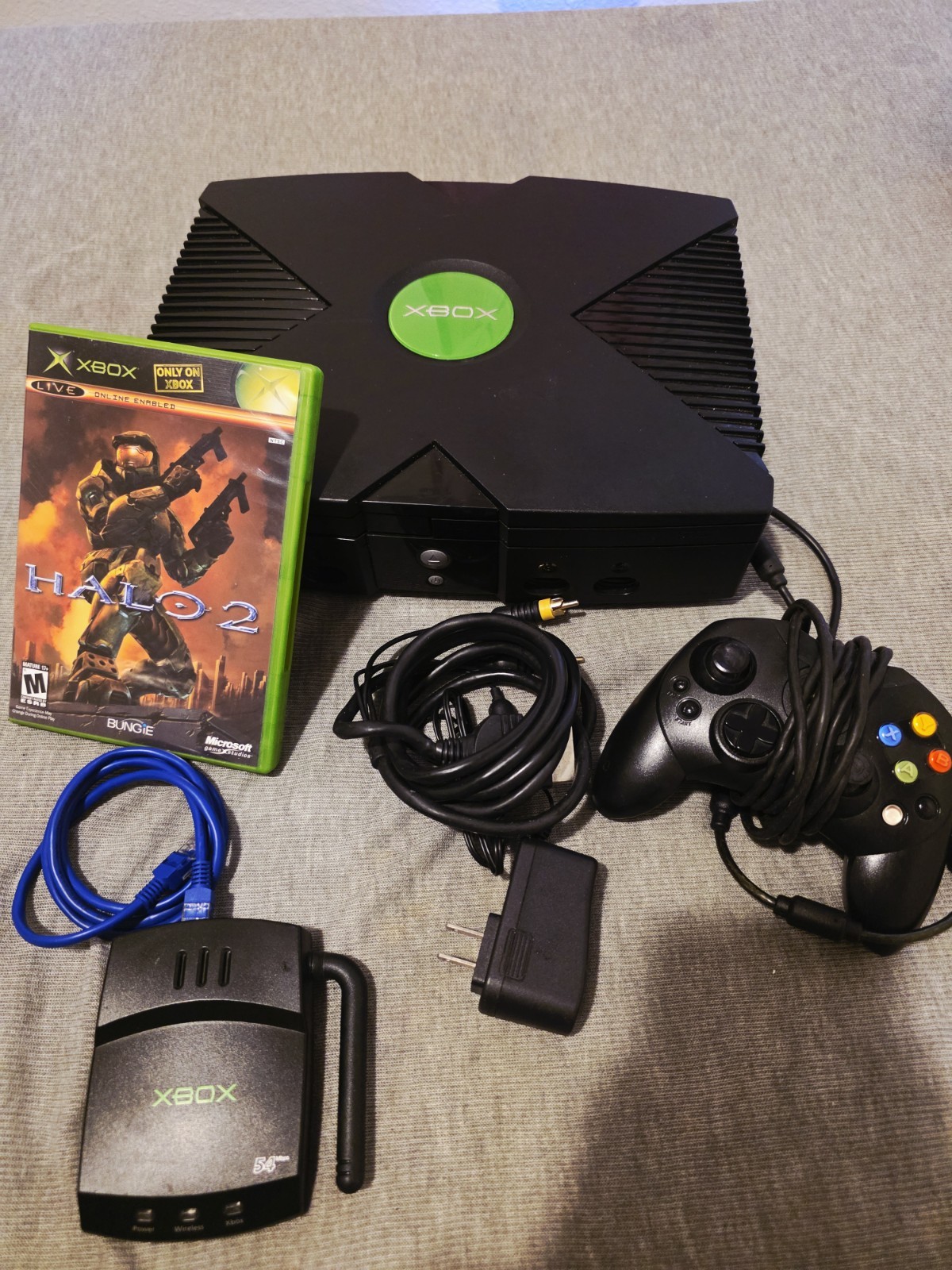 Microsoft Xbox Console Black w/ Controller, Halo 2, Wireless Adapter, Wi-Fi